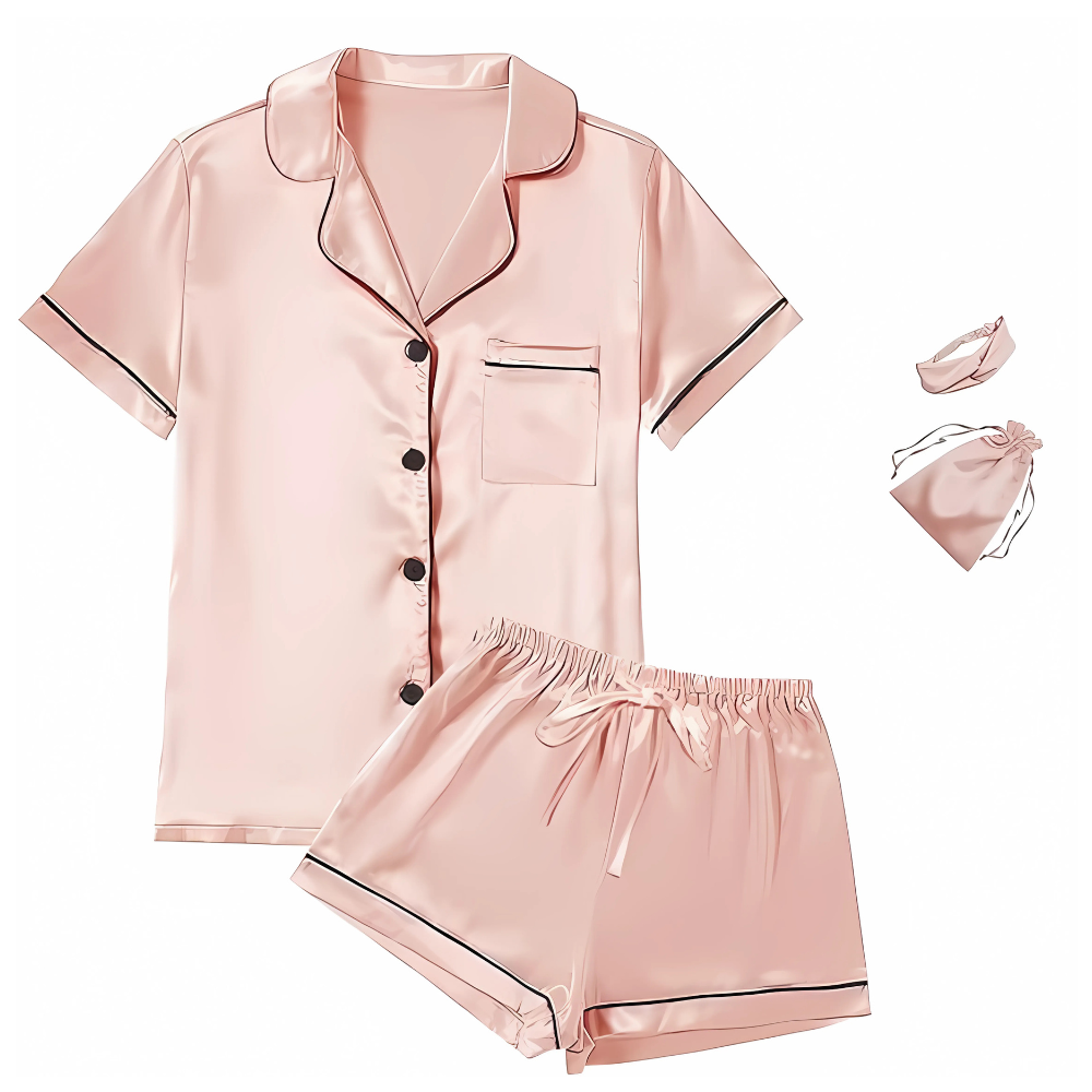 4Pcs Womens Satin Silky Short Sleeve Shirt Pajamas Set