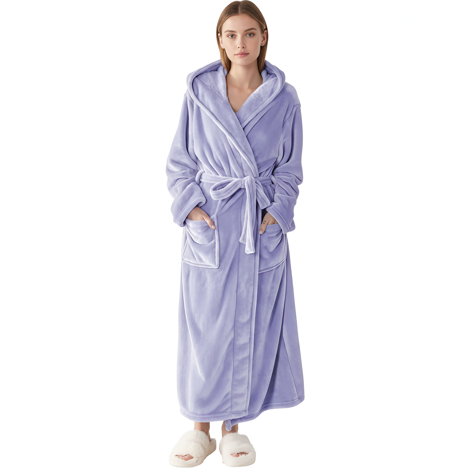 Full Length Hooded Plush Fleece Bathrobe For Women