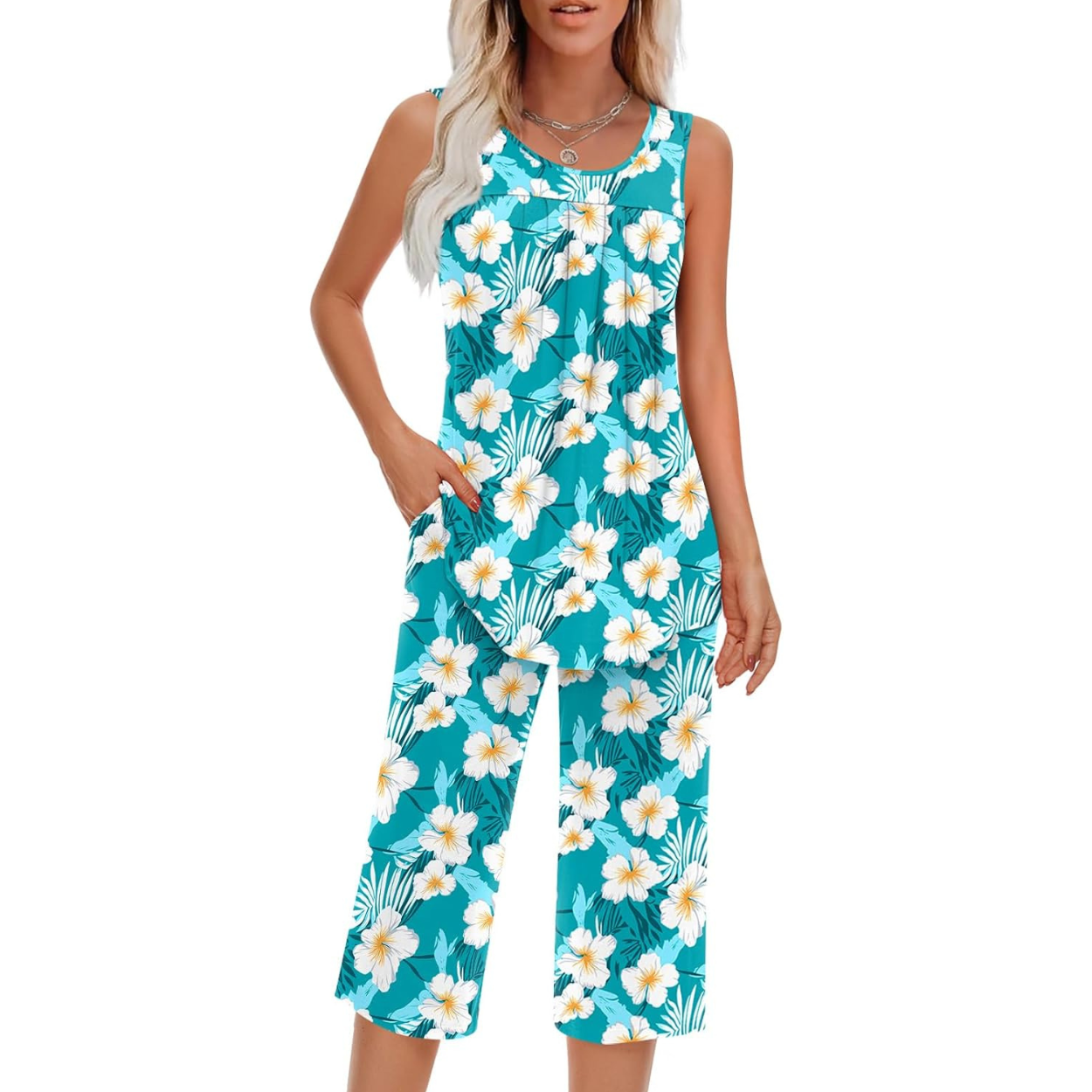 2 Piece Pajama Set Soft Summer Sleeveless Tank Top And Pants With Pockets For Women