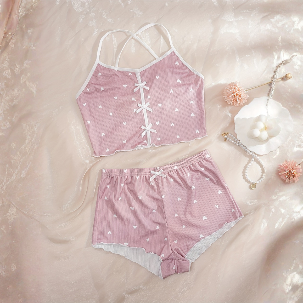 Cordate Printed Cross Strap Pajama Top And Shorts Set