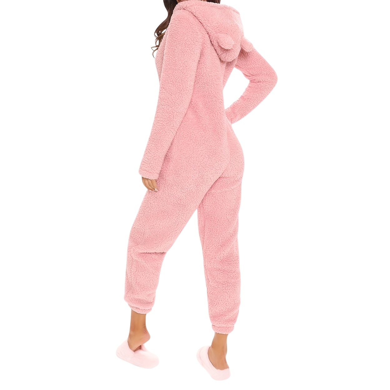 Fuzzy Hooded Pajama Jumpsuit With Zipper For Women