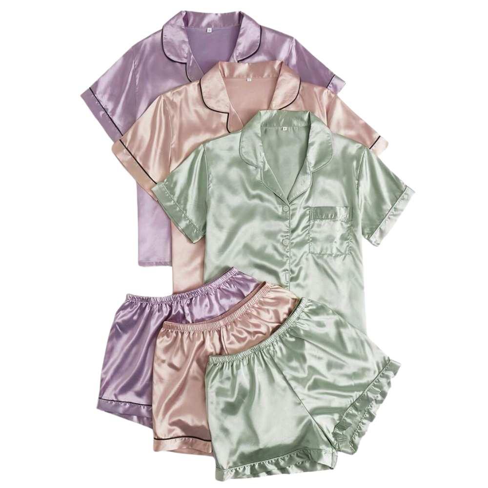 Pack Of 3 Contrast Piping Blouse And Shorts Set For Women 