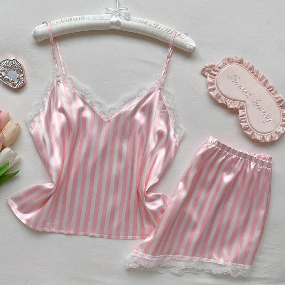Vertical Stripe Lace Trim Satin Cami Top And Shorts Pajama Set For Women