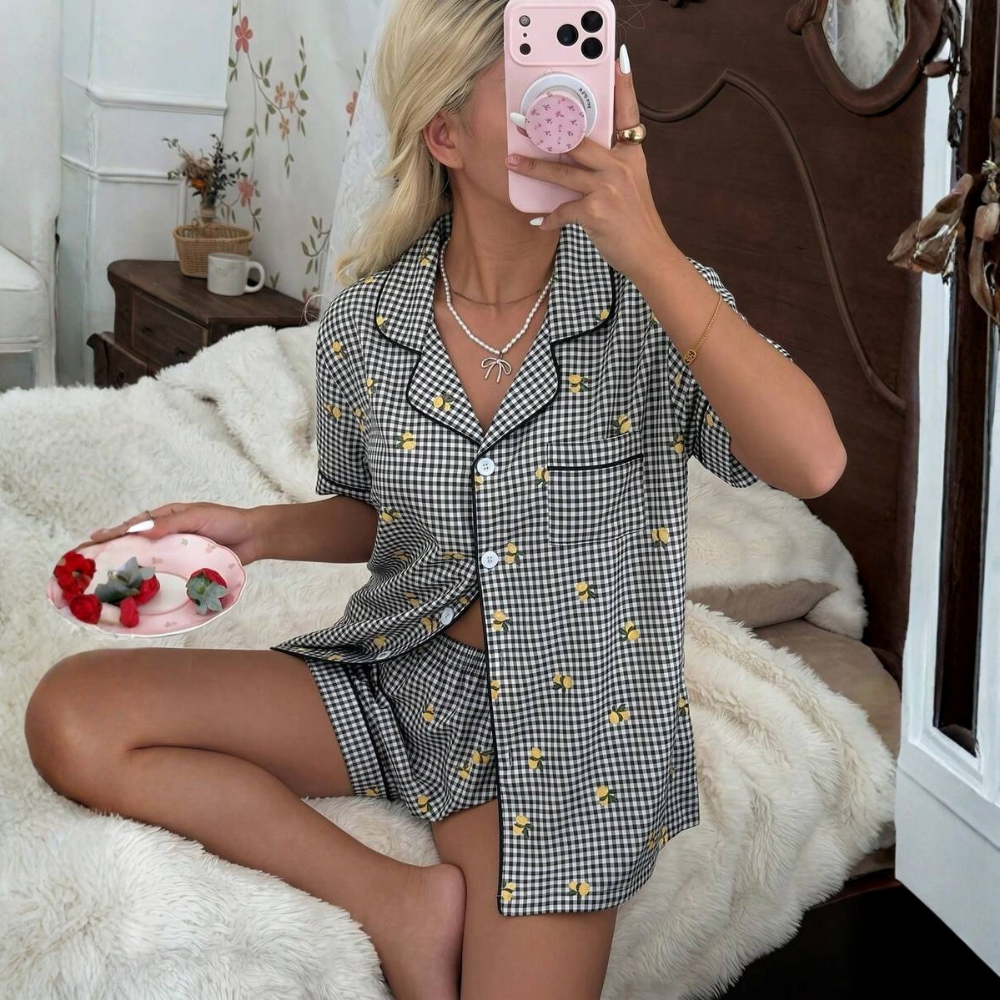 Lemon Plaid Button Up Short Sleeve Pajama Shorts Set For Women