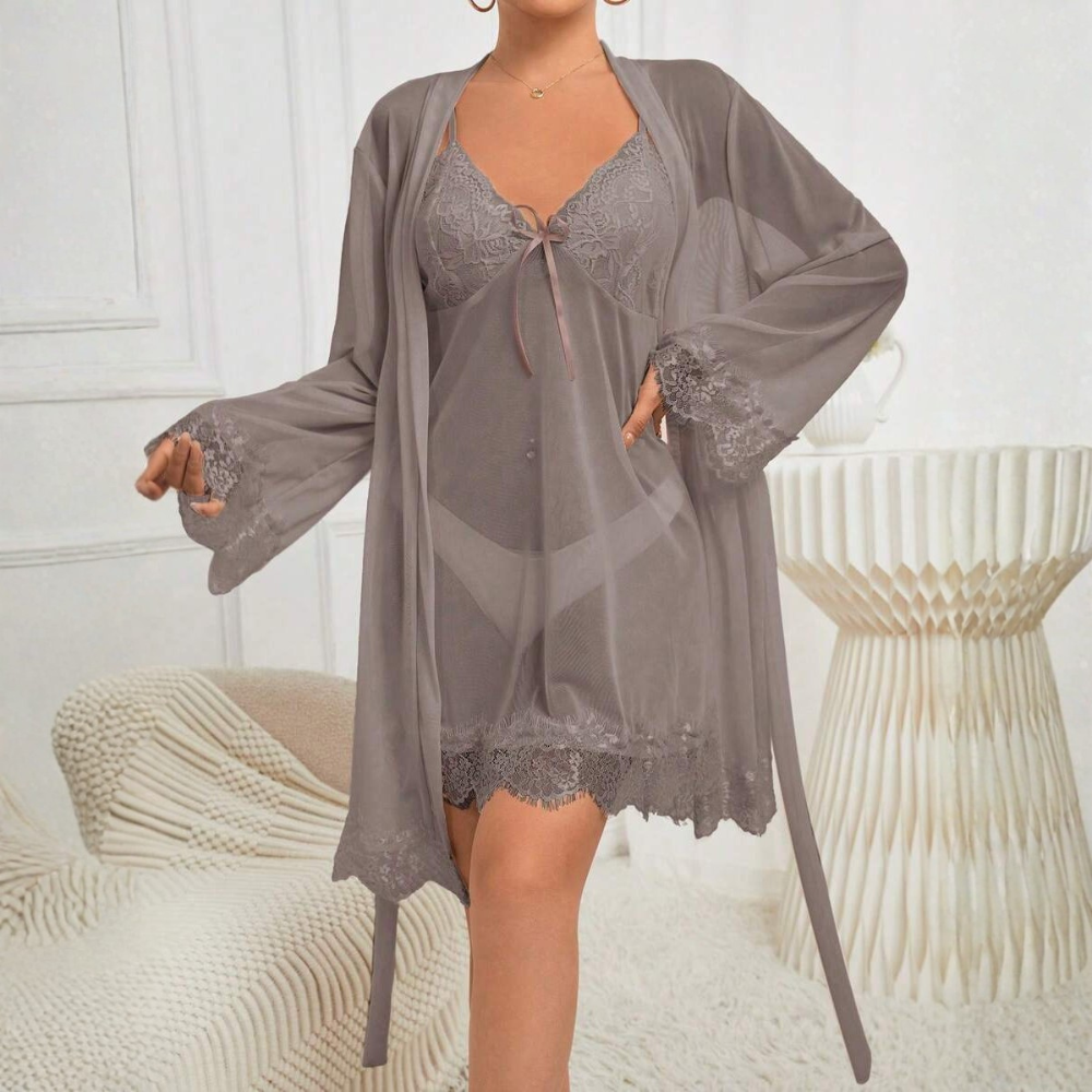 Contrast Lace Long Sleeve Robe And Camisole Sleepwear Set