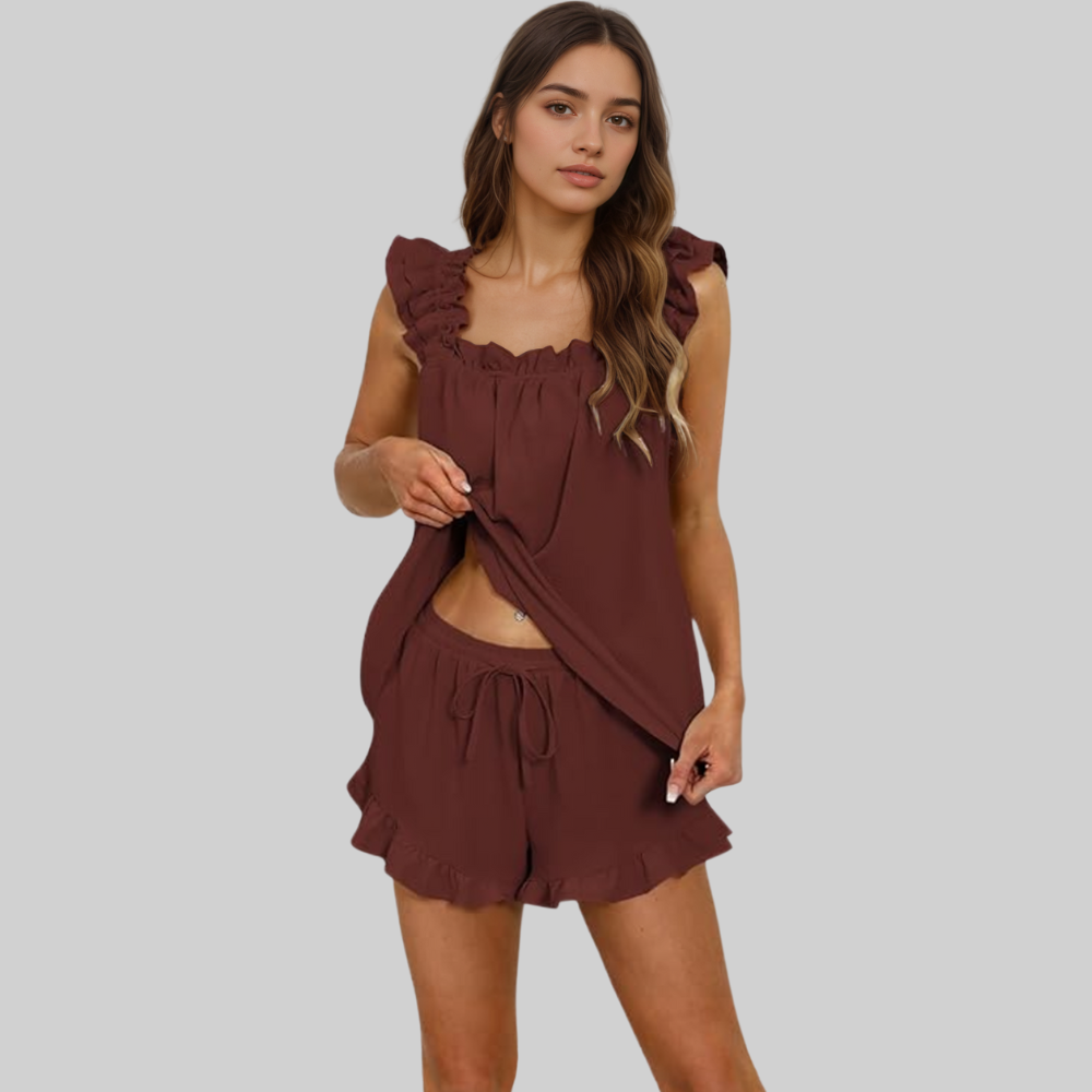 Women Ruffle Pajama Set 2 Piece Soft Tank Top And Shorts Sleepwear