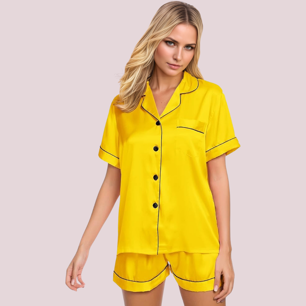 Women Satin Pajama Set Short Sleeve Top and Shorts