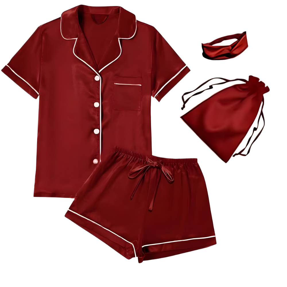  4 Pieces Women Satin Floral Pajama Set Short Sleeve Sleepwear