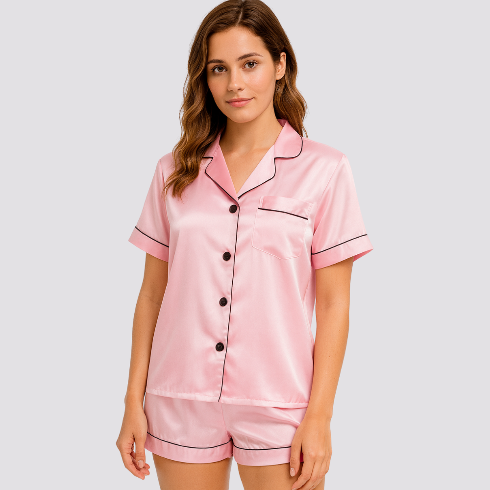 Womens Silk Satin Pajamas Short Sleeve Button Down Set