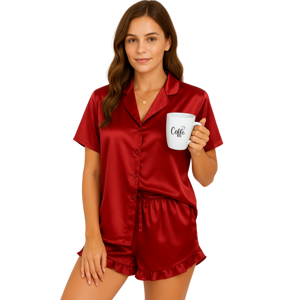 Women Satin Pajama Set with Button Down and Shorts