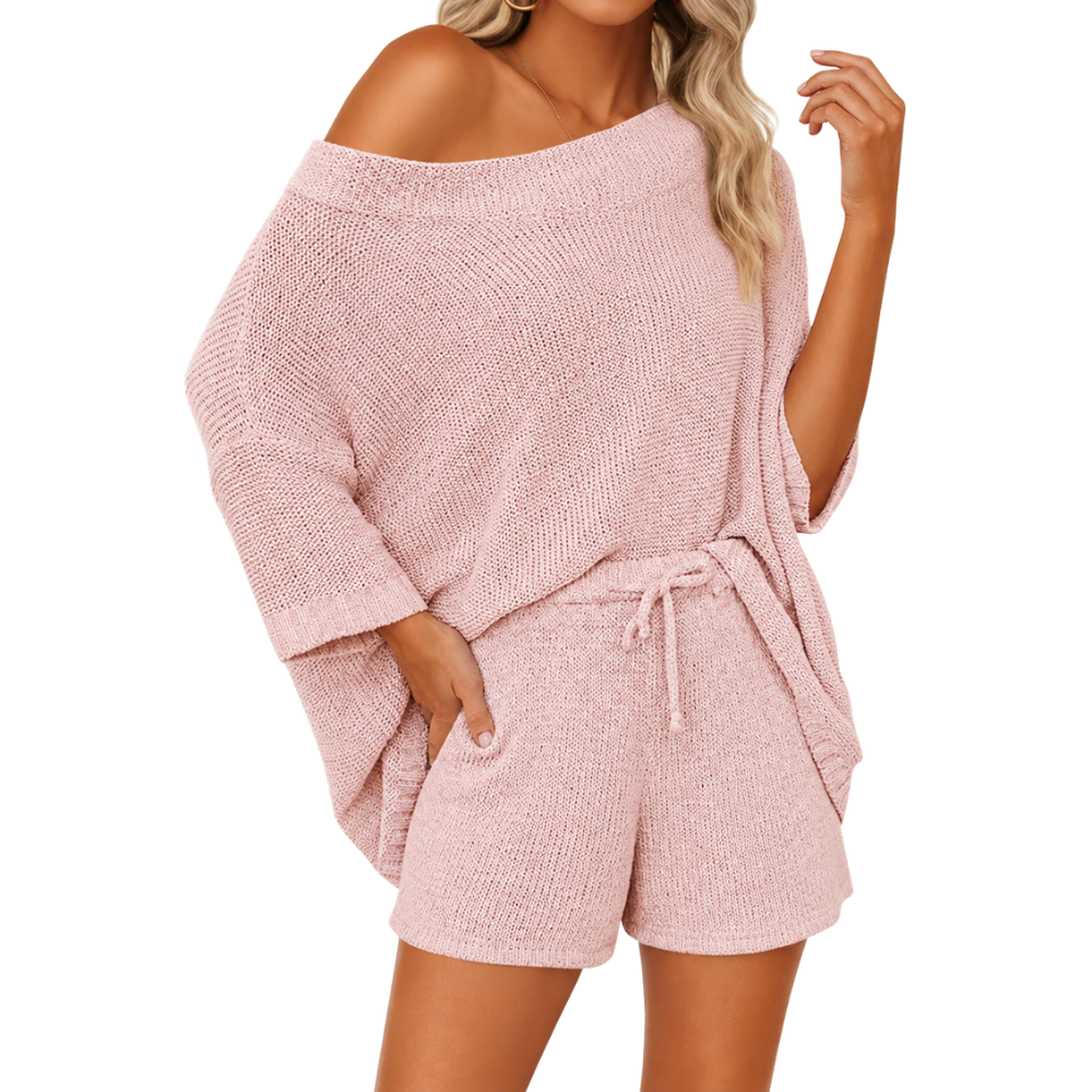 2 Piece Lounge Set With Oversized Top And Drawstring Shorts  For Women