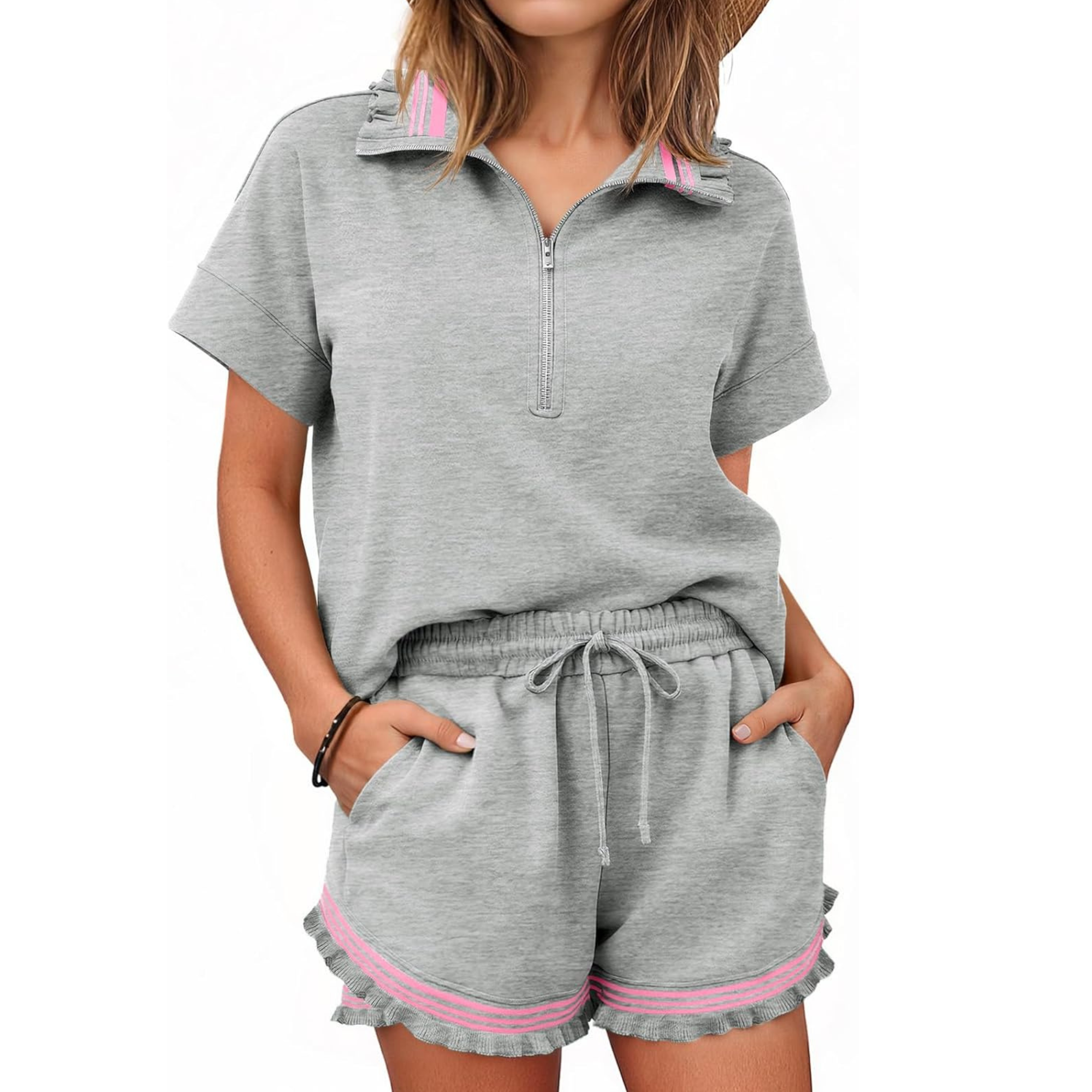 Summer Half Zip Ruffle Top Short Set For Women