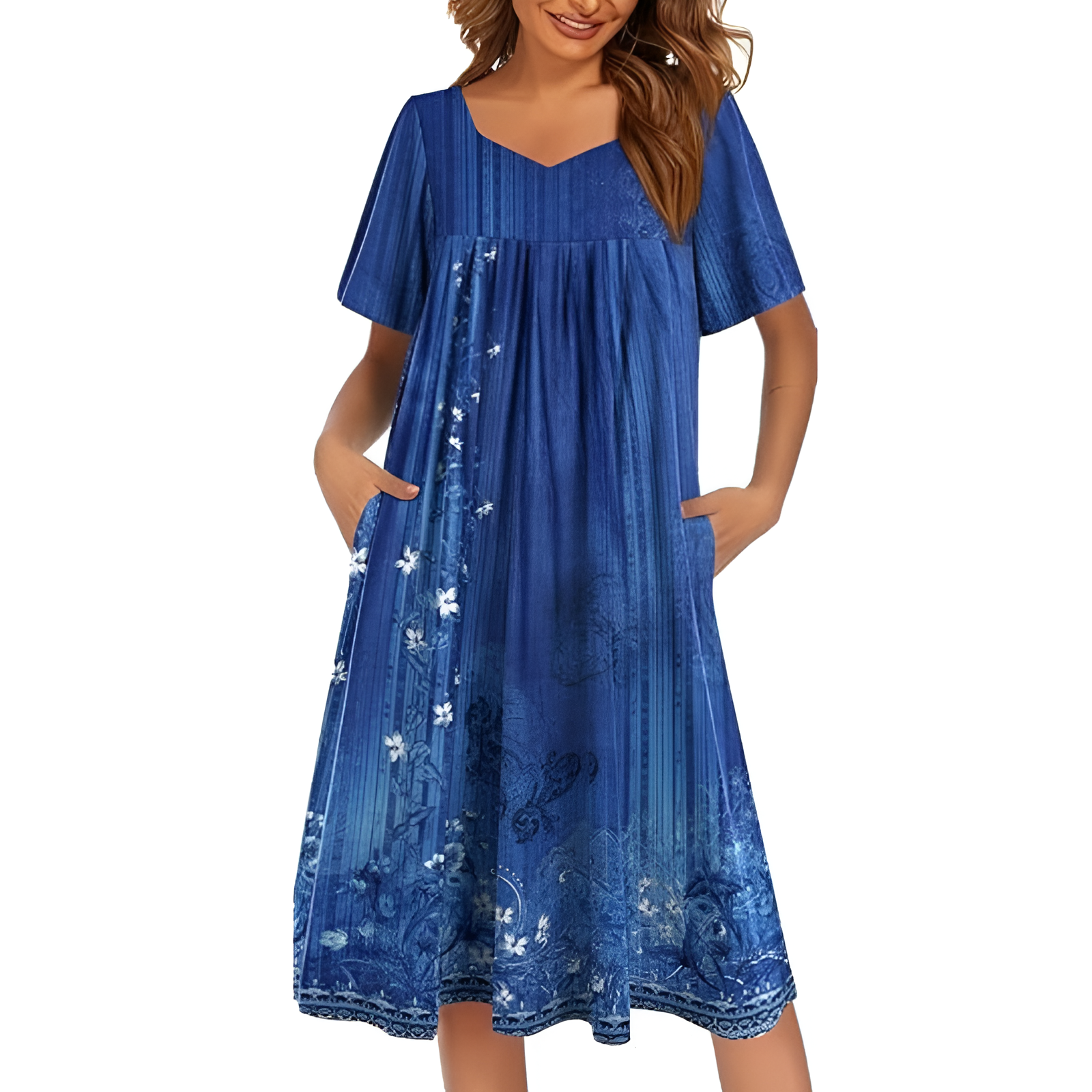 Pleated Nightgown With Short Sleeves And Pockets For Women