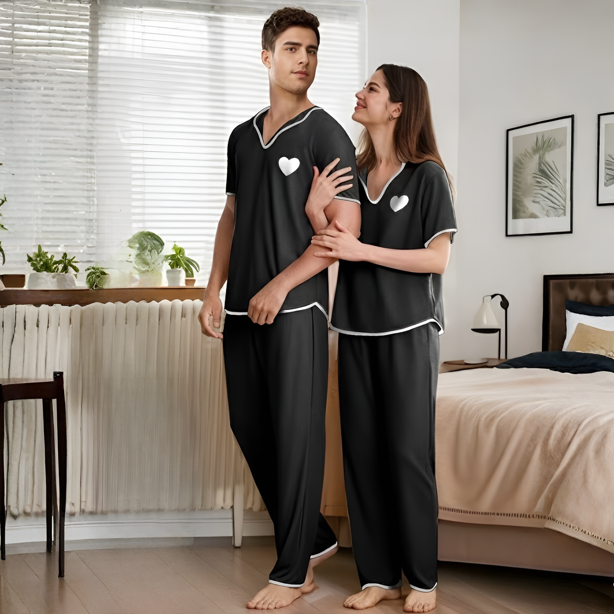 Couple's Set with Chest Heart Print, Men or Women Short Sleeve + Long Pants