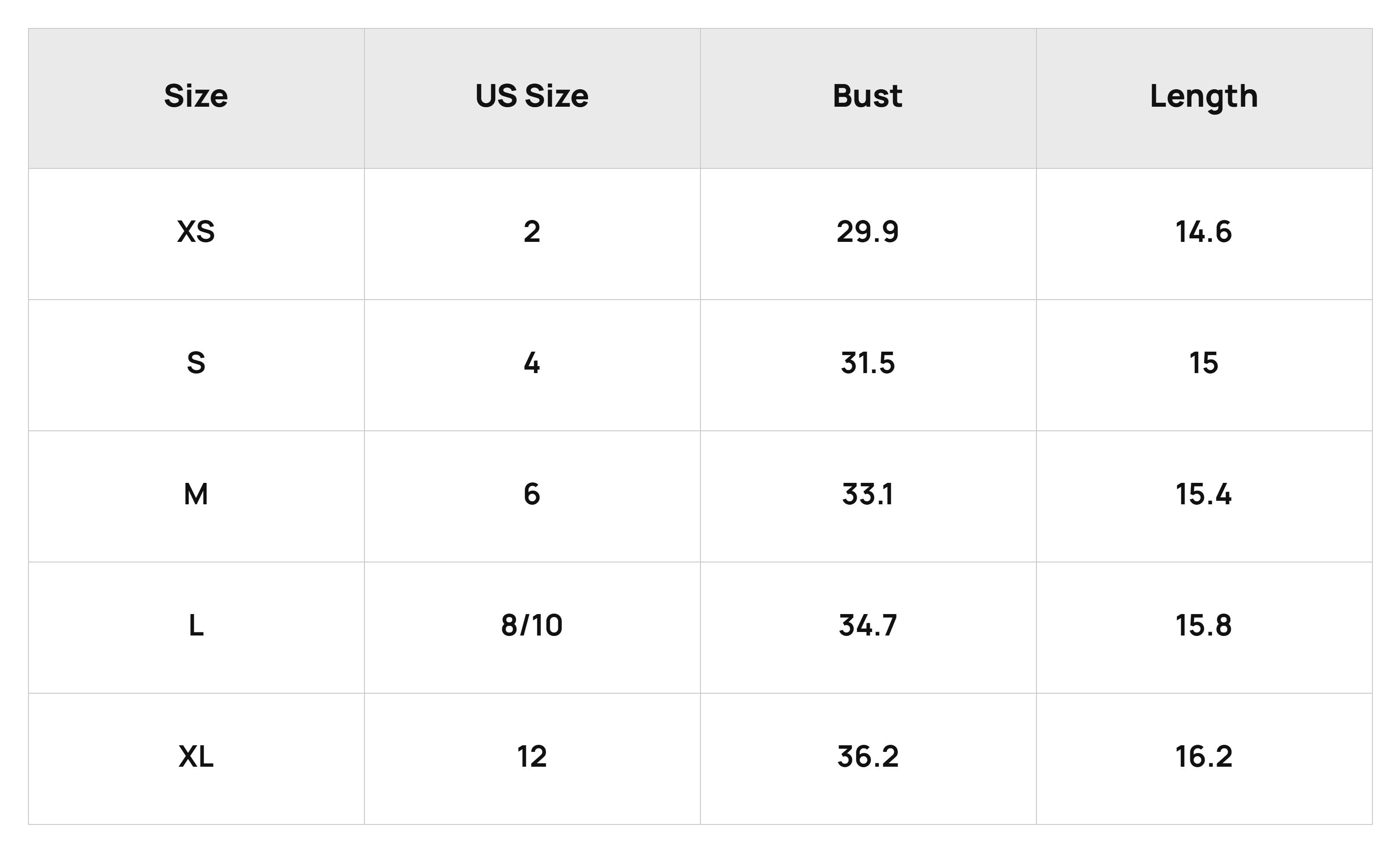 Size Chart Tops Product Size Chart