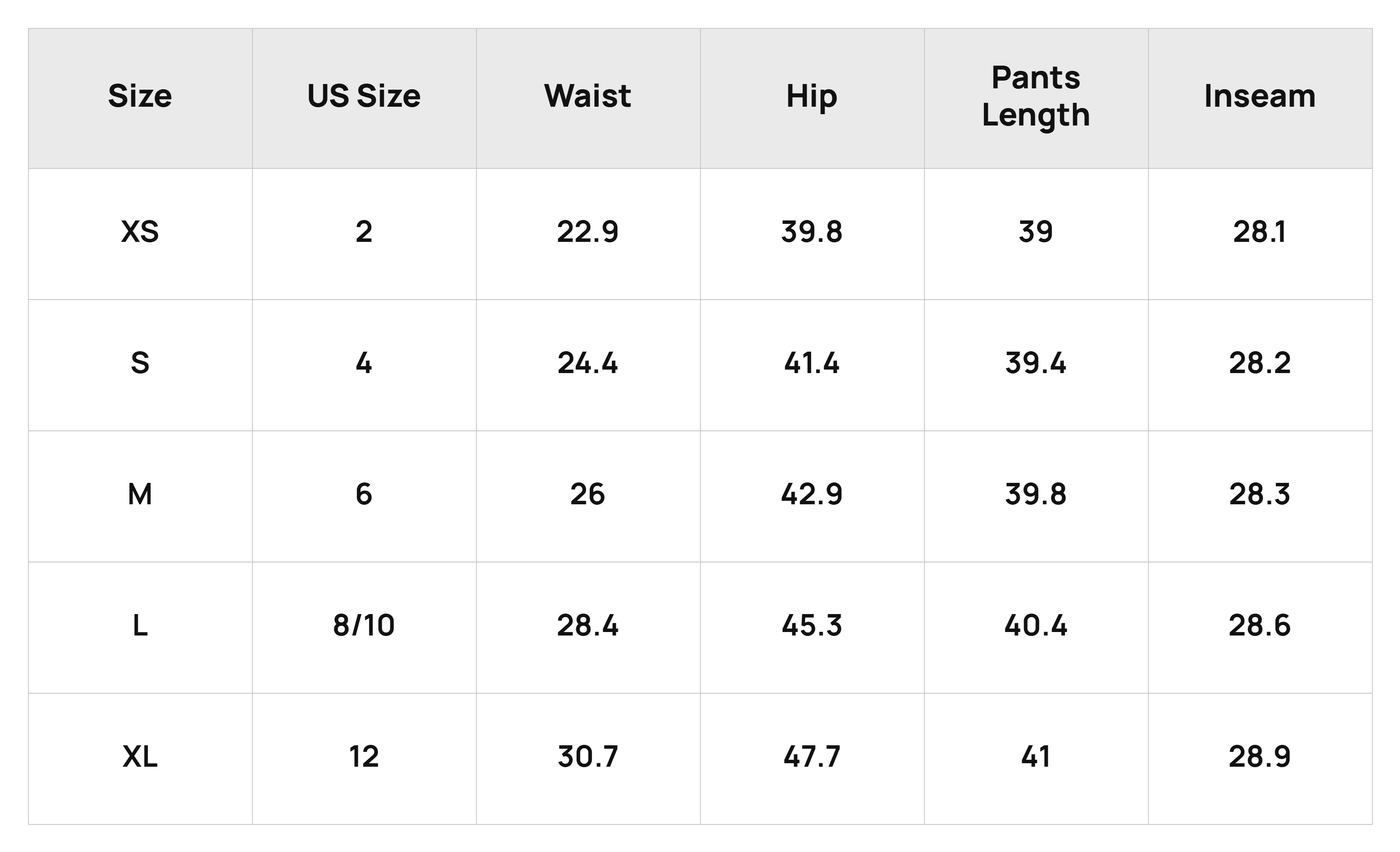 Size Chart Bottoms Product Size Chart