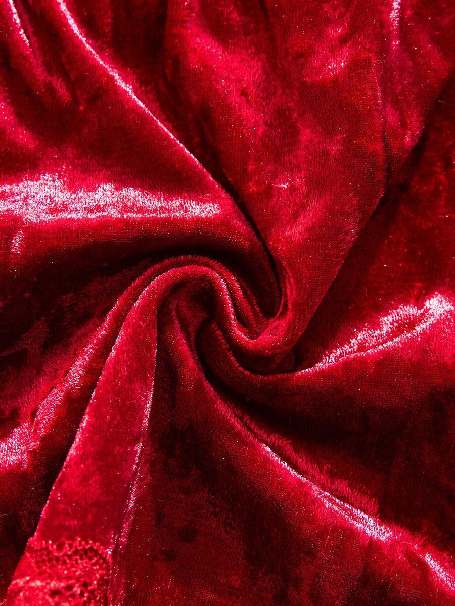 2pcs Women's V-Neck Solid Color Velvet Pajama Set, Lace Trim V-Neck Halter Top With Waist-Cinching Shorts, Comfortable Soft Loungewear - Burgundy - View 7