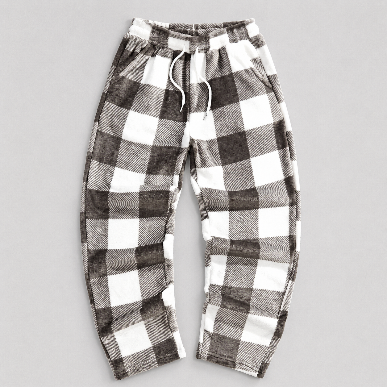 Casual Plaid Fleece Sleepwear Pants With Drawstring For Women