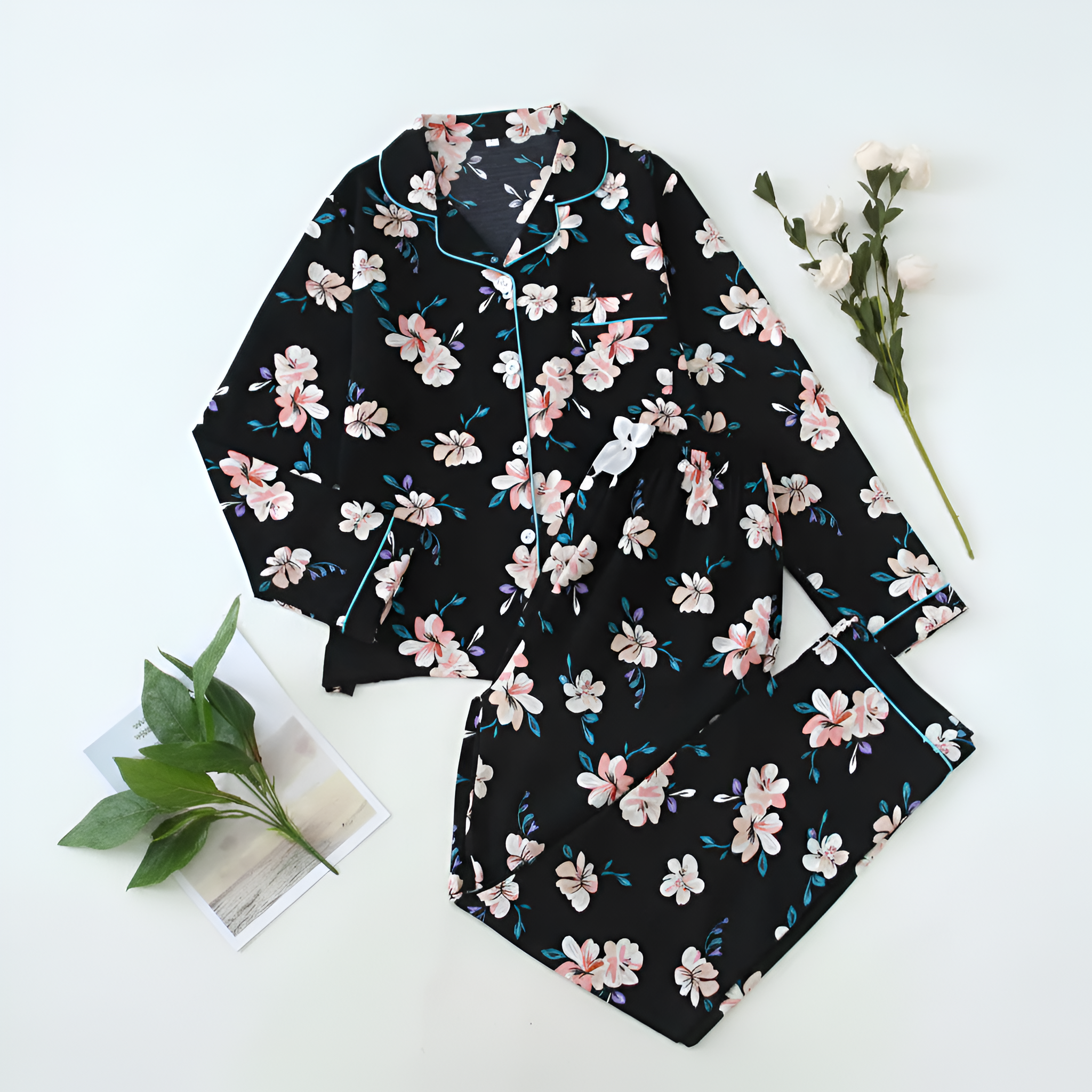 Printed Long Sleeve Pajama Set With Button Details For Women With Lapel Pocket