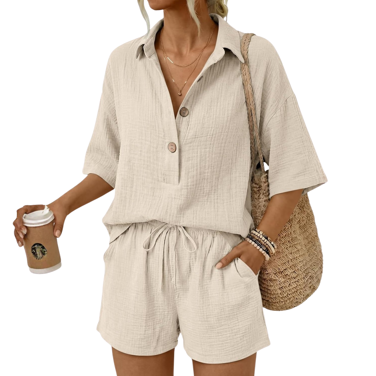 Linen Short Sleeve Summer Vacation Beach Short Sets For Women