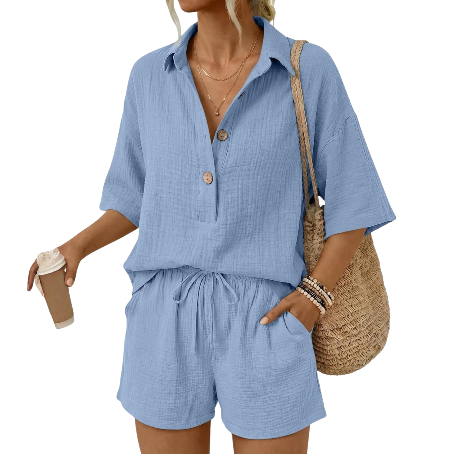 Linen Short Sleeve Summer Vacation Beach Short Sets For Women