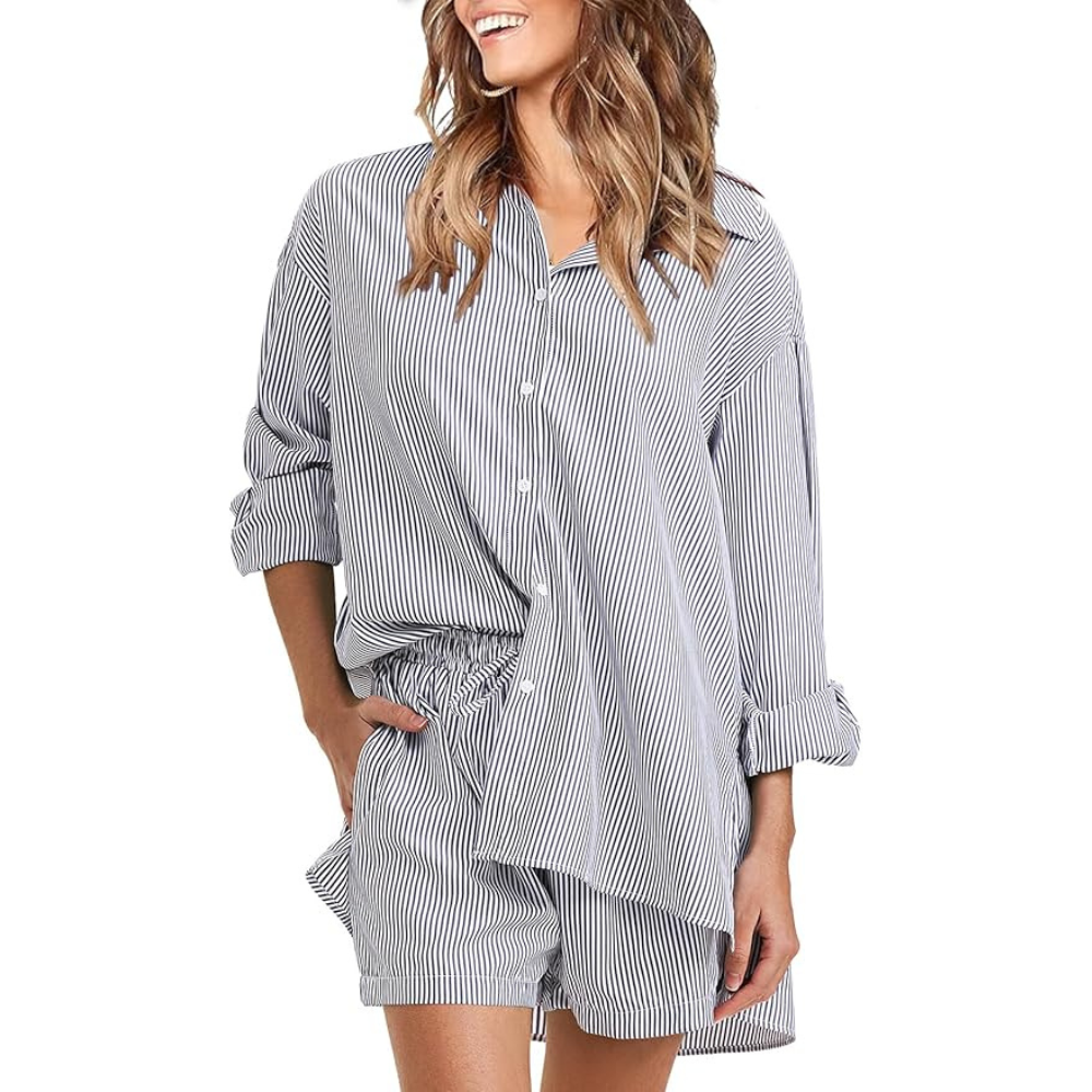 2 Piece Summer Matching Outfit With Long Sleeve Shirt And Shorts For Women
