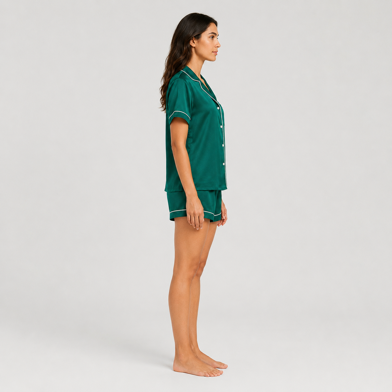 2 Piece Pajama Set With Button Down Top And Shorts For Women