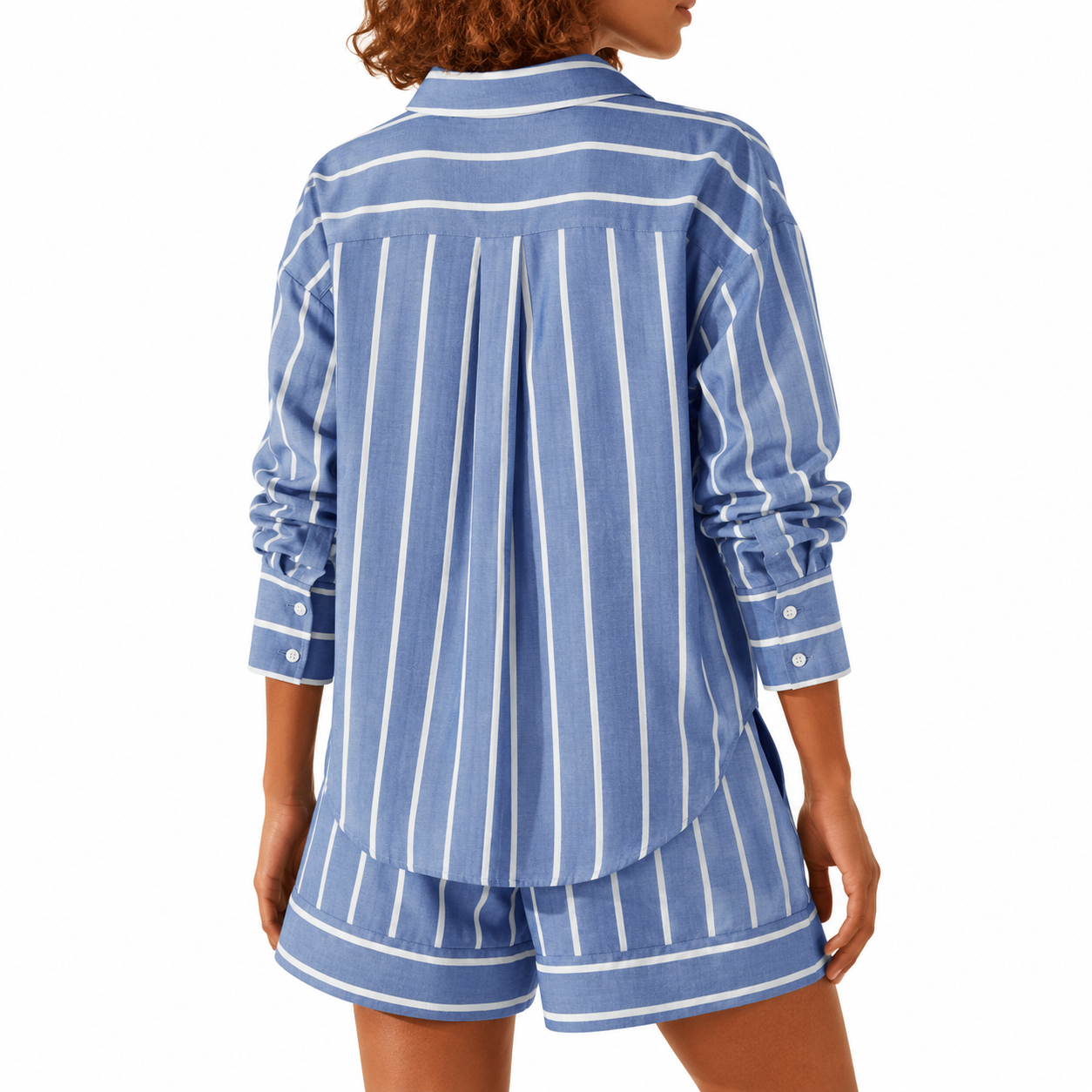 Striped Sleeve Down Collared Shirt Sets For Women