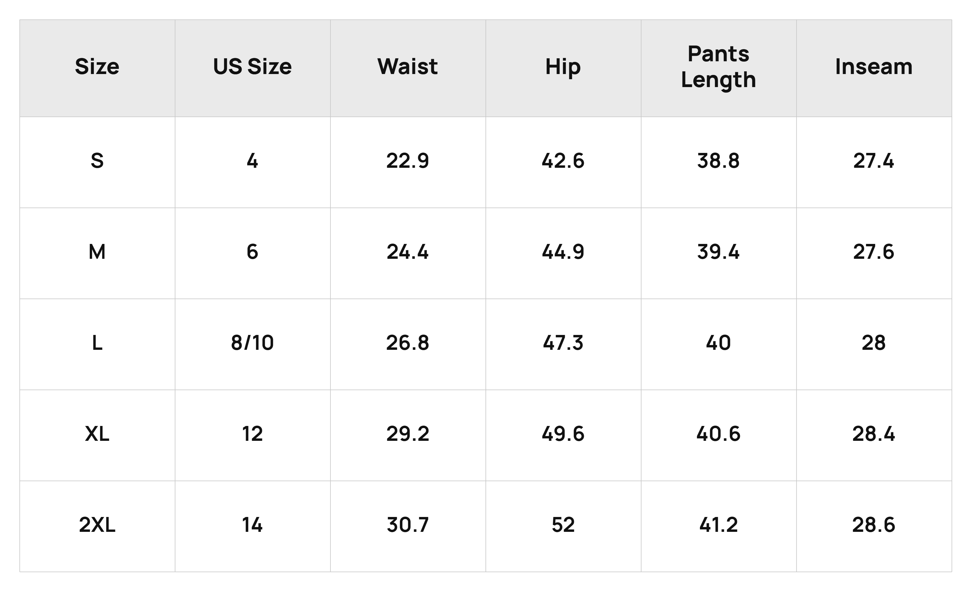 Size Chart Bottoms Product Size Chart