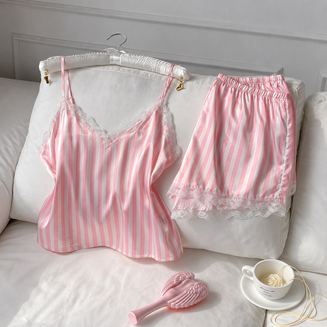 Striped Lace Trim Camisole and Shorts 2 Piece Pajama Set for Women