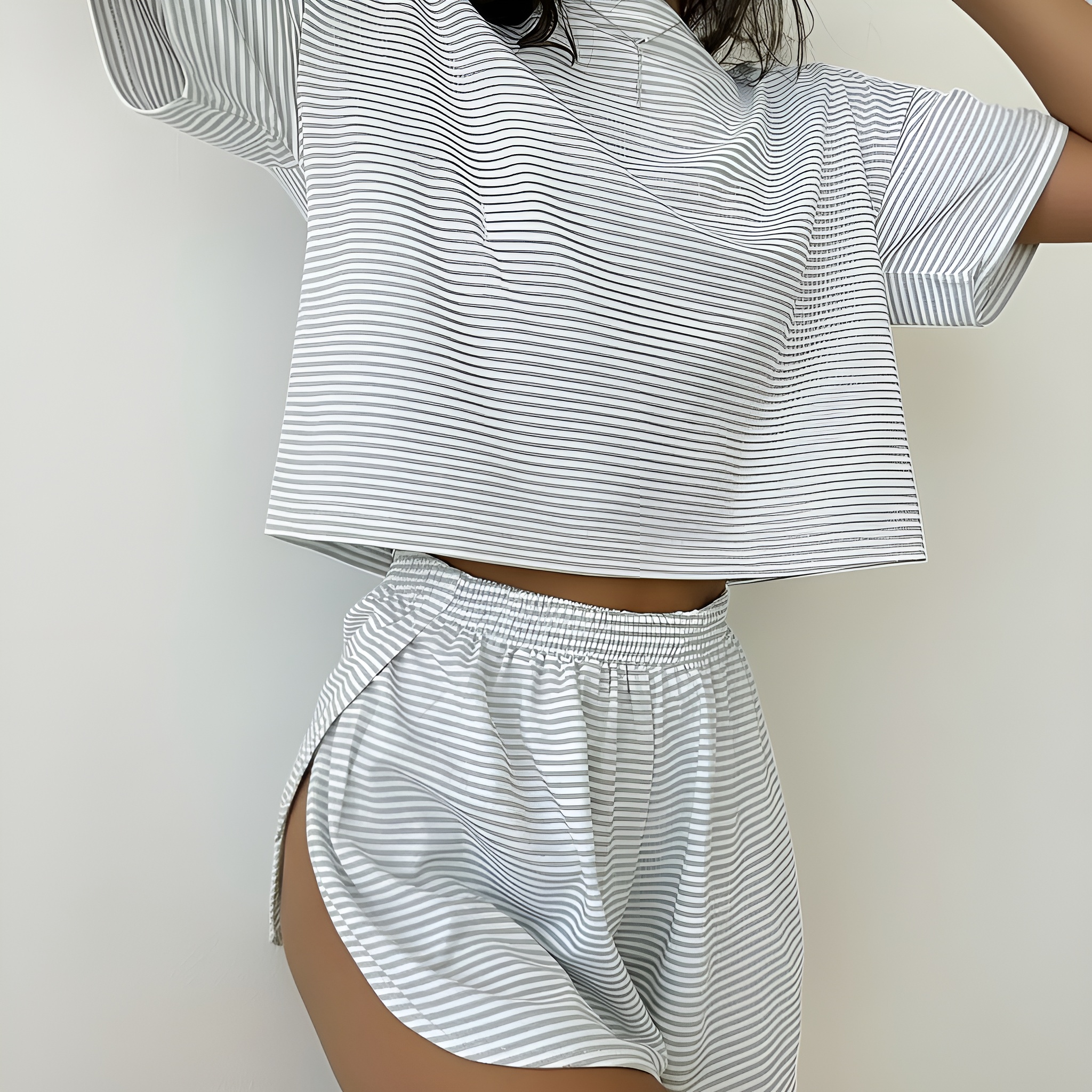 Two Piece Striped Print T Shirt And Wrap Split Pajama Set