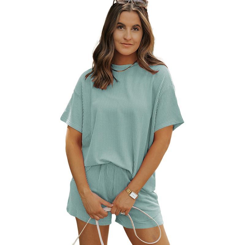 Women Ribbed Lounge Set Short Sleeve Top And Shorts Outfit