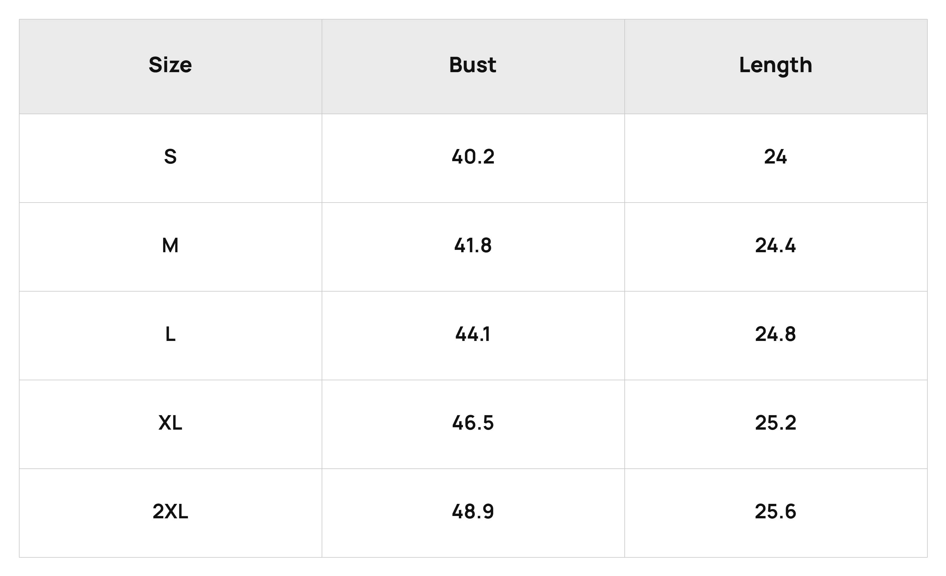 Size Chart Tops Product Size Chart