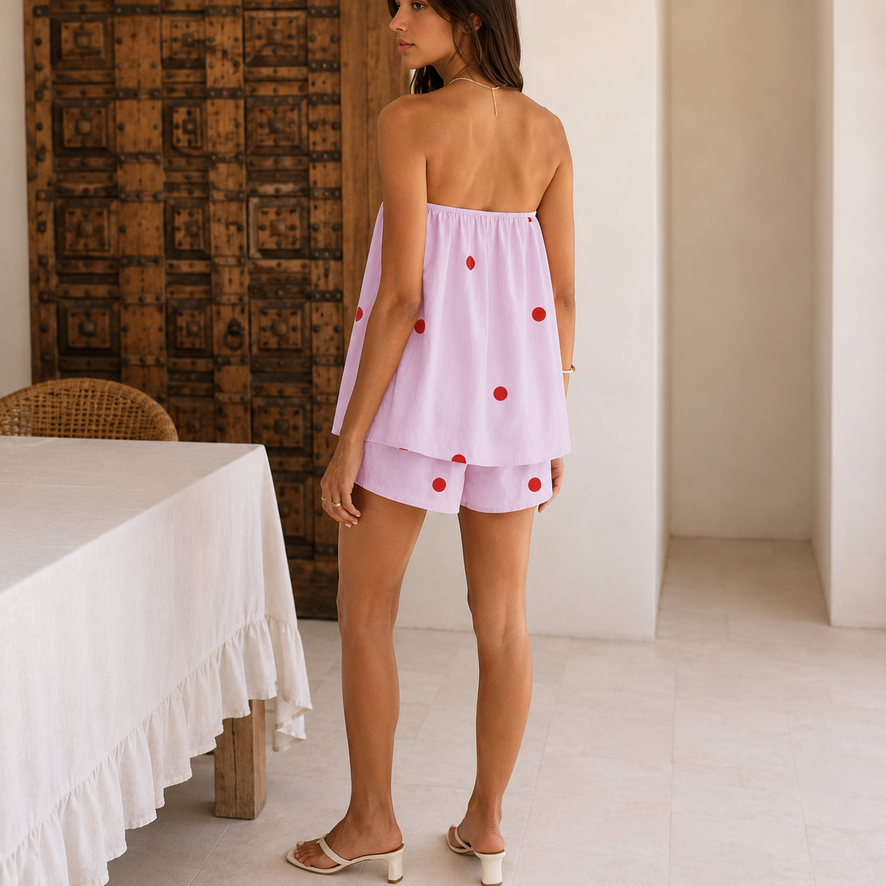 Polka Dot Print Summer Strapless Shorts Lounge Vacation Outfit Sets