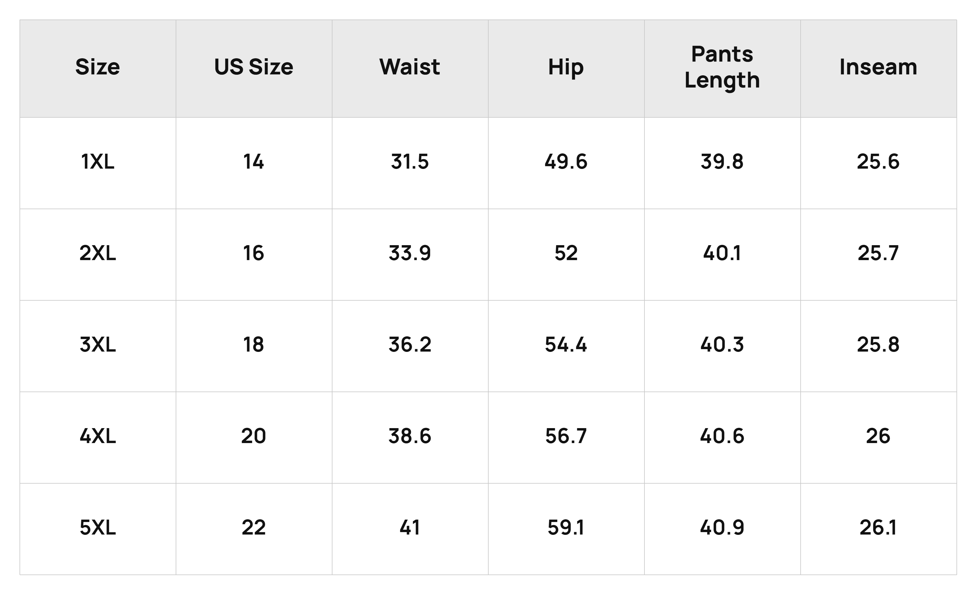 Size Chart Bottoms Product Size Chart