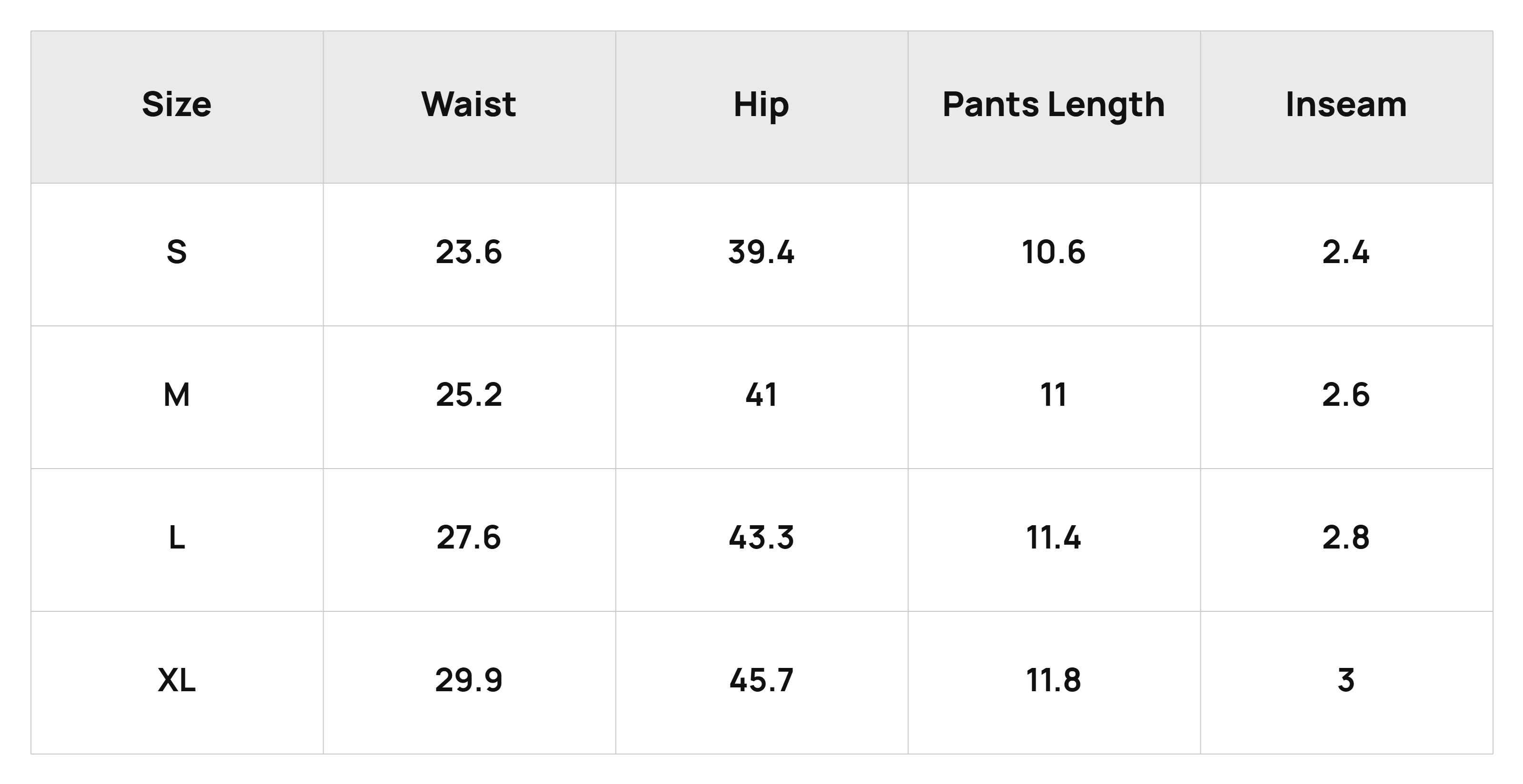 Size Chart Bottoms Product Size Chart