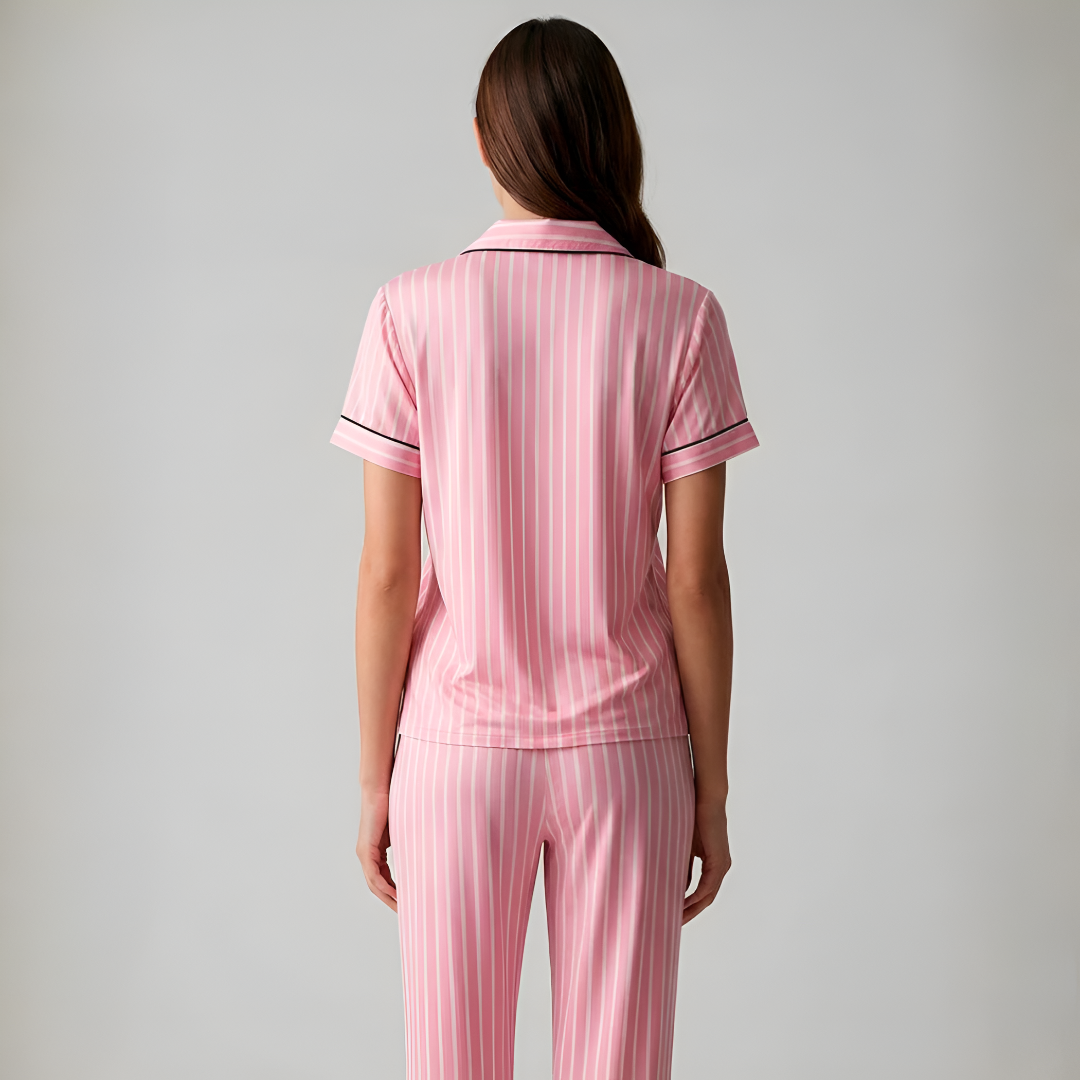 Women Striped Pattern Short Sleeve Matching Pajama Set