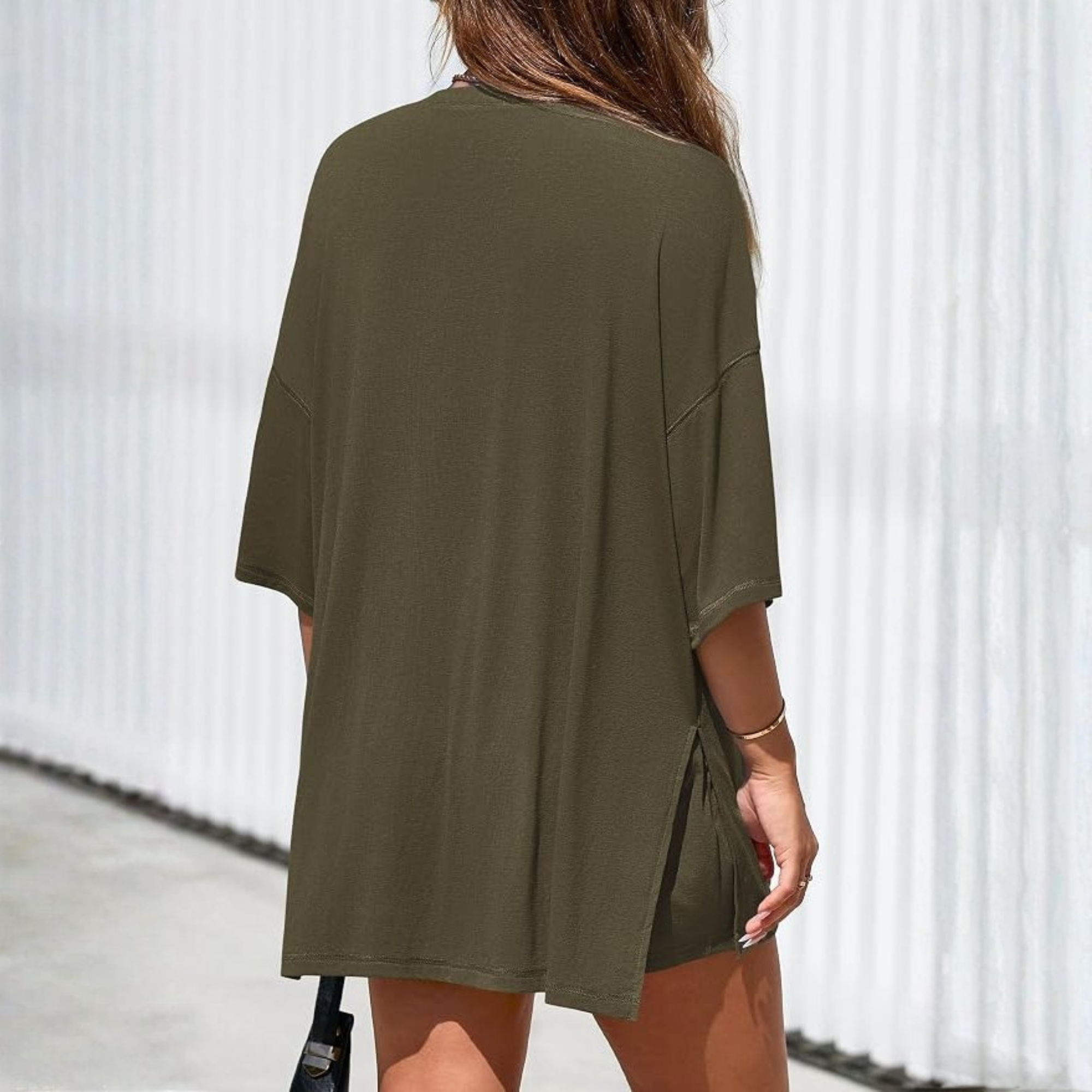 2 Piece Lounge Set With Oversized T Shirt And Shorts For Women
