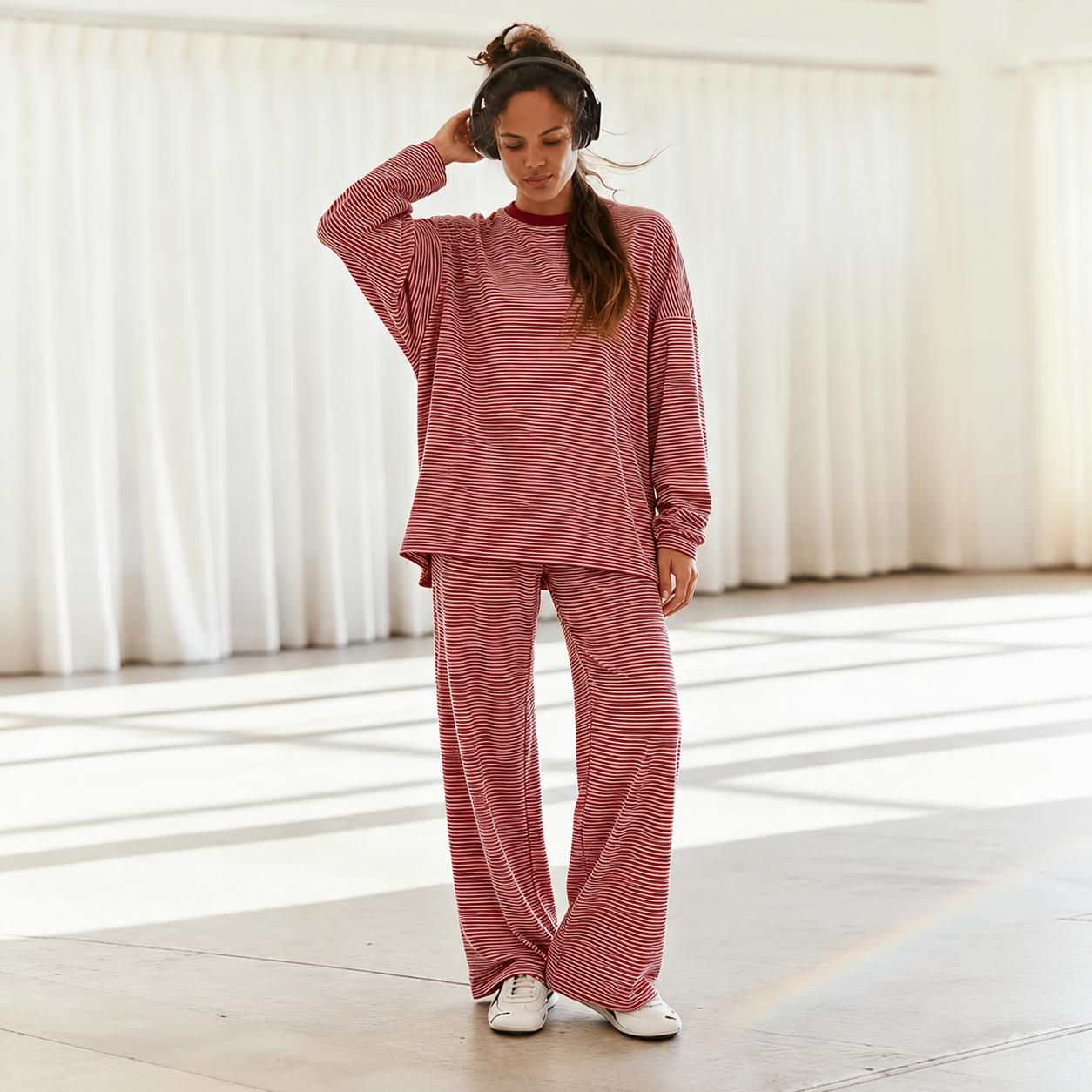 2 Pieces Wide Oversized Long Striped Cotton Loungewear For Women