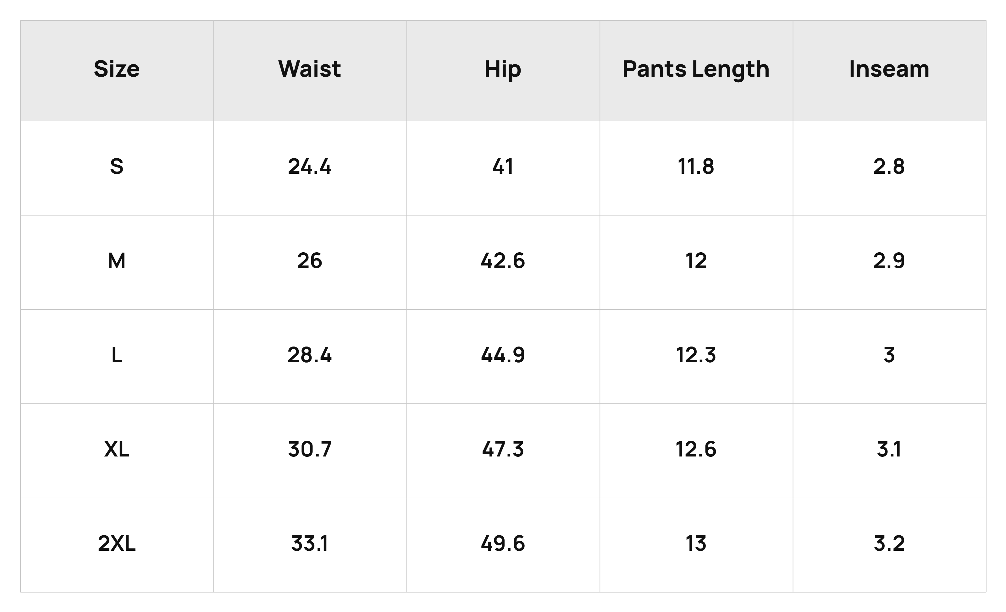 Size Chart Bottoms Product Size Chart