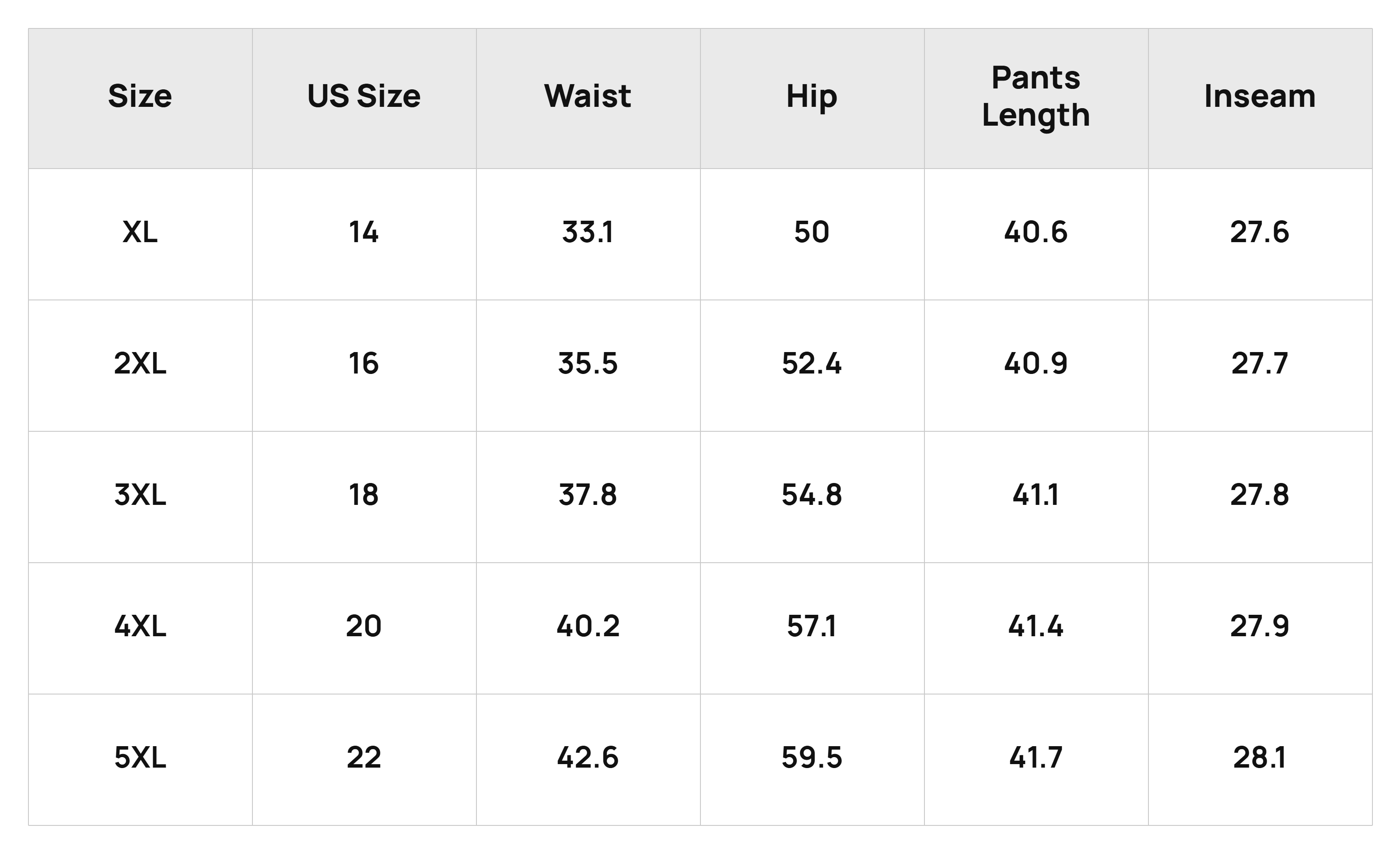 Size Chart Bottoms Product Size Chart