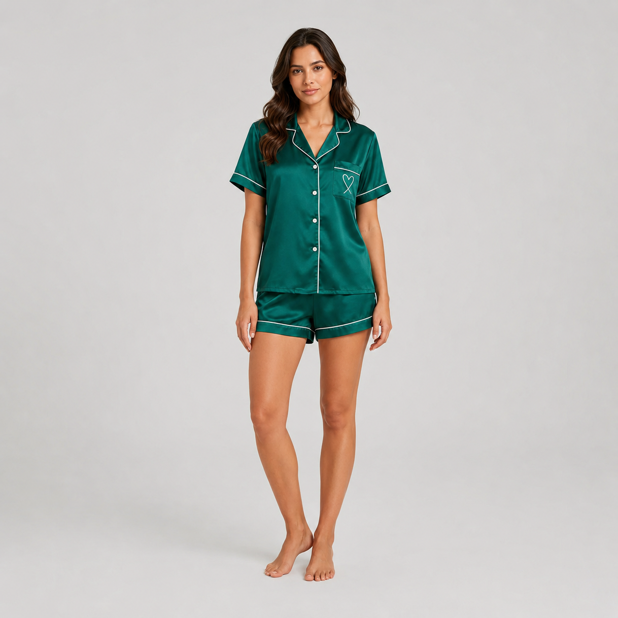 2 Piece Pajama Set With Button Down Top And Shorts For Women