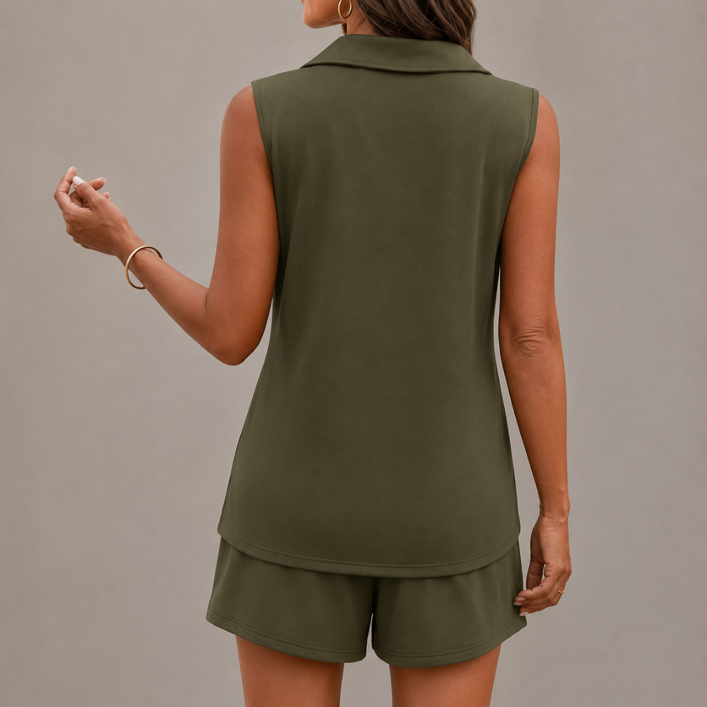 Two Piece Summer Set Women Sleeveless Top And Drawstring Shorts