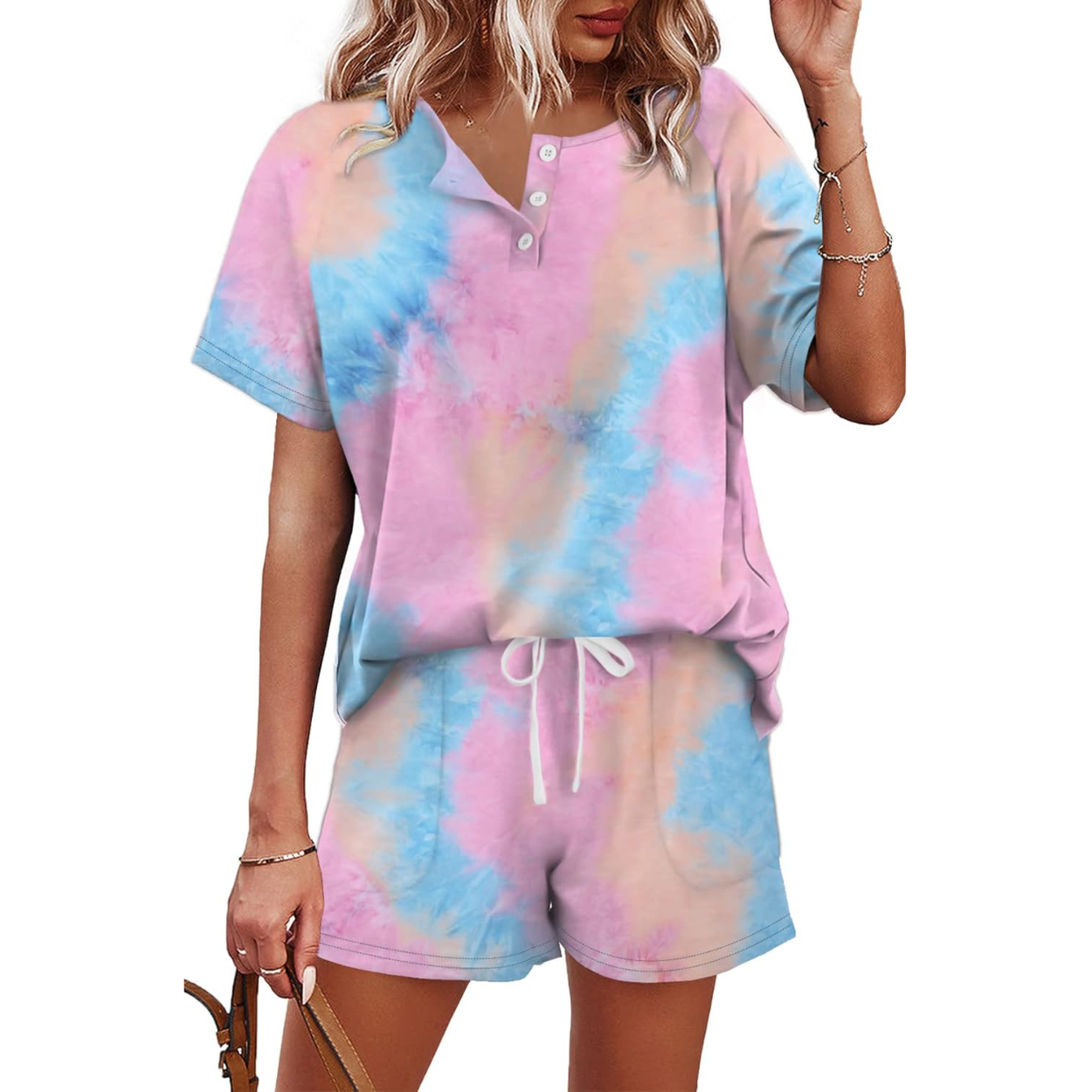 Two Piece Lounge Set with Button Down Top And Shorts