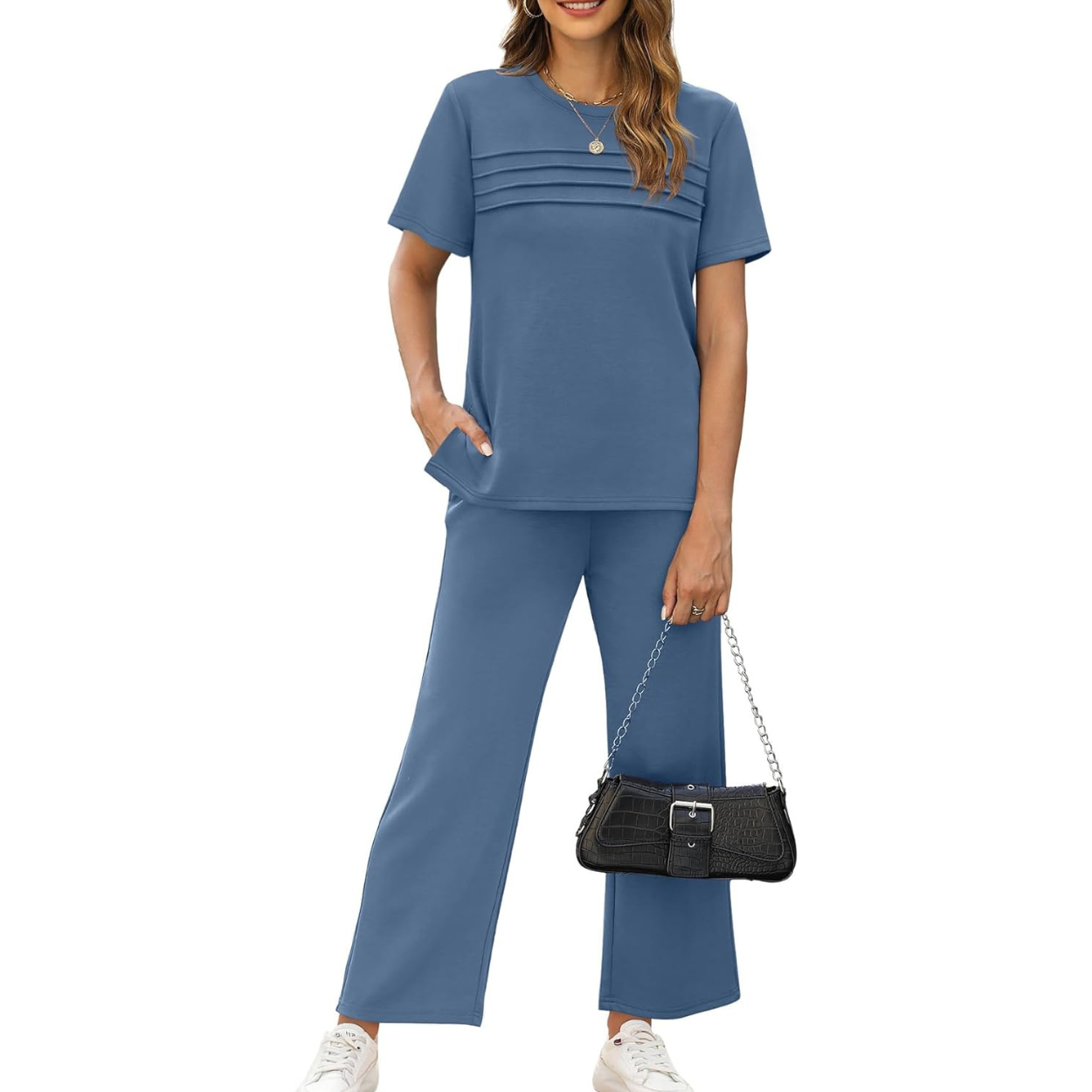 Two Piece Travel Set with Wide Length Pants For Women