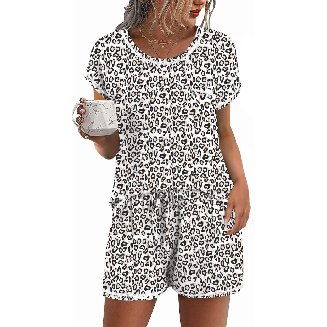 2 Piece Comfortable Pajama Set With Short Sleeve Top And Pocket Shorts For Women