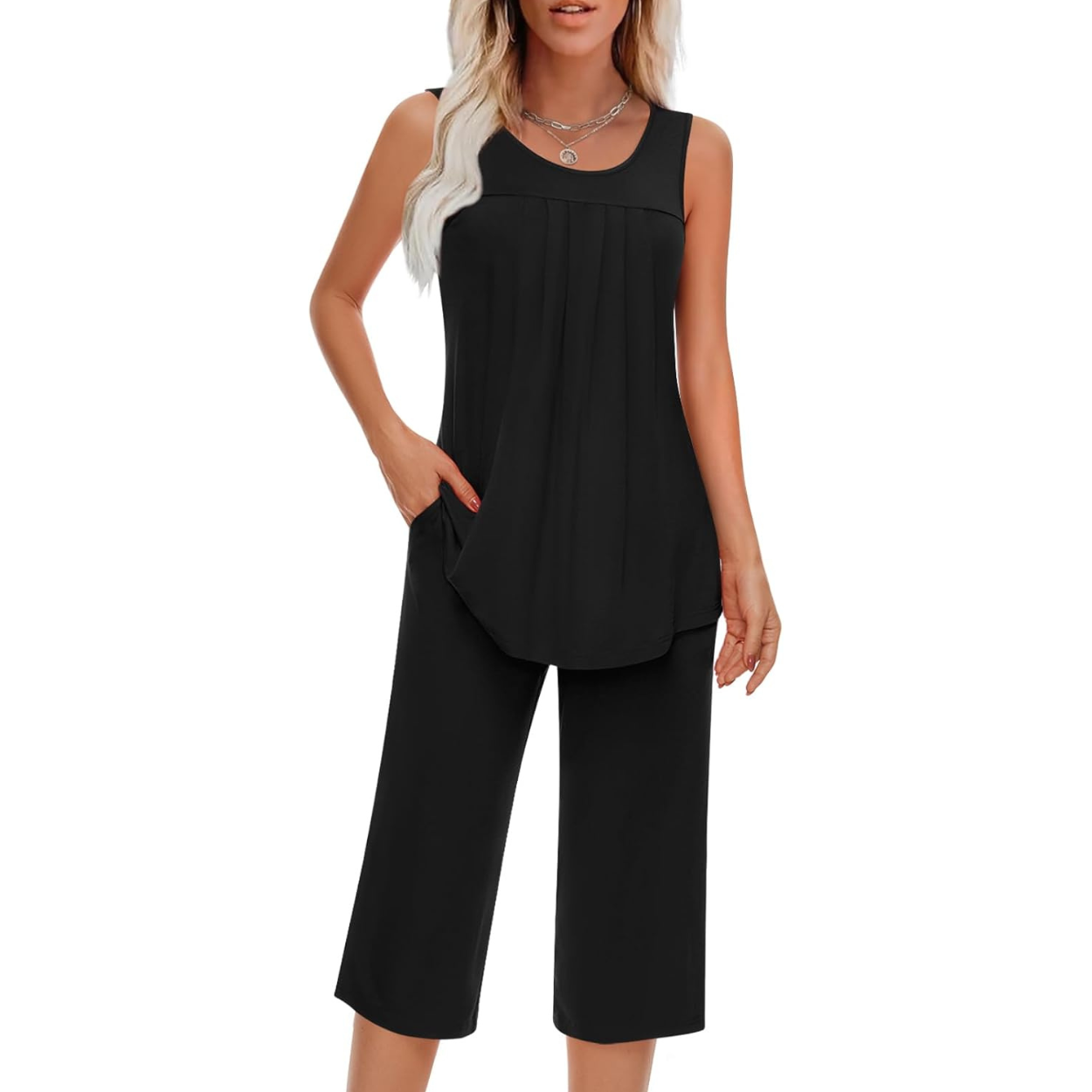 2 Piece Pajama Set Soft Summer Sleeveless Tank Top And Pants With Pockets For Women