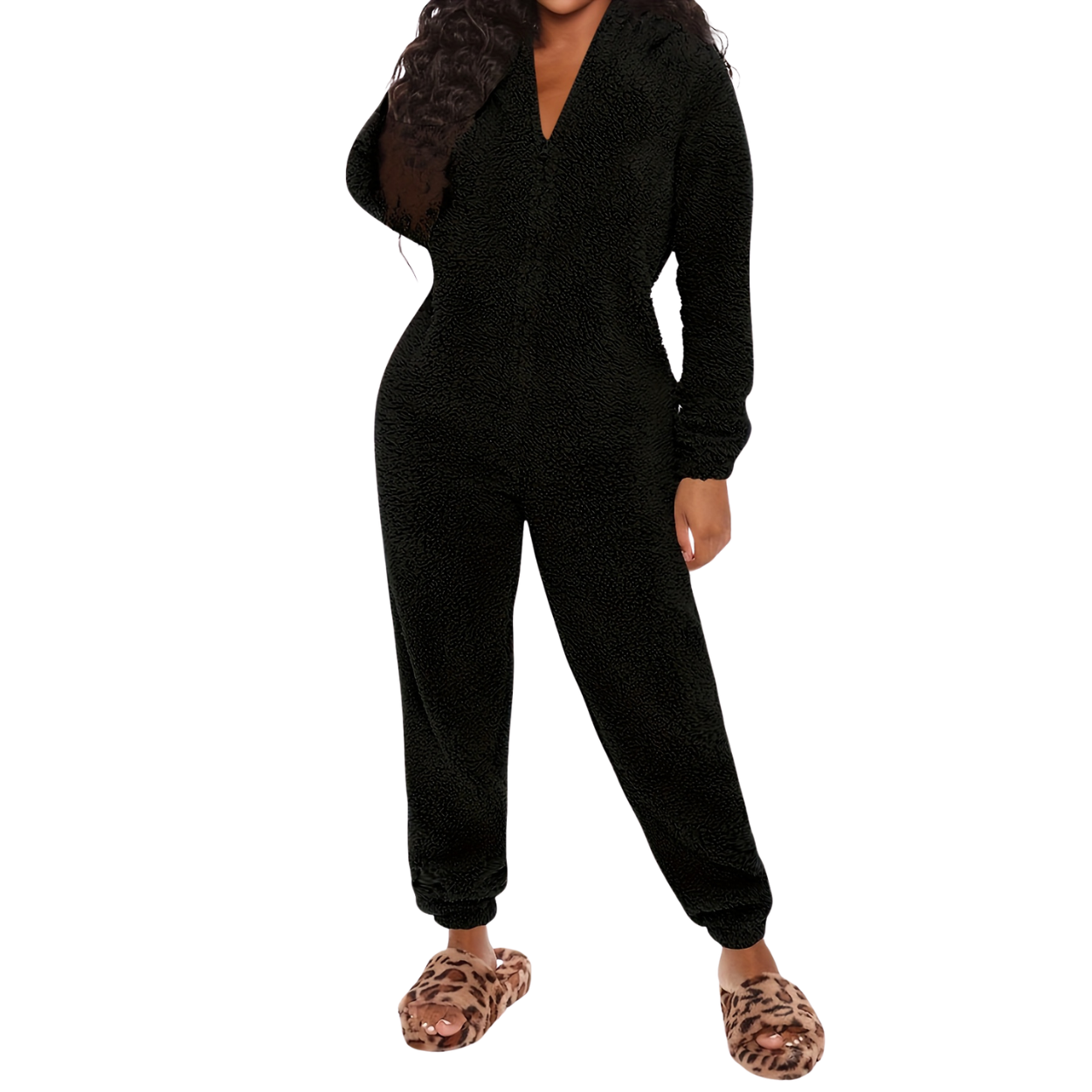 Fuzzy Hooded Pajama Jumpsuit With Zipper For Women