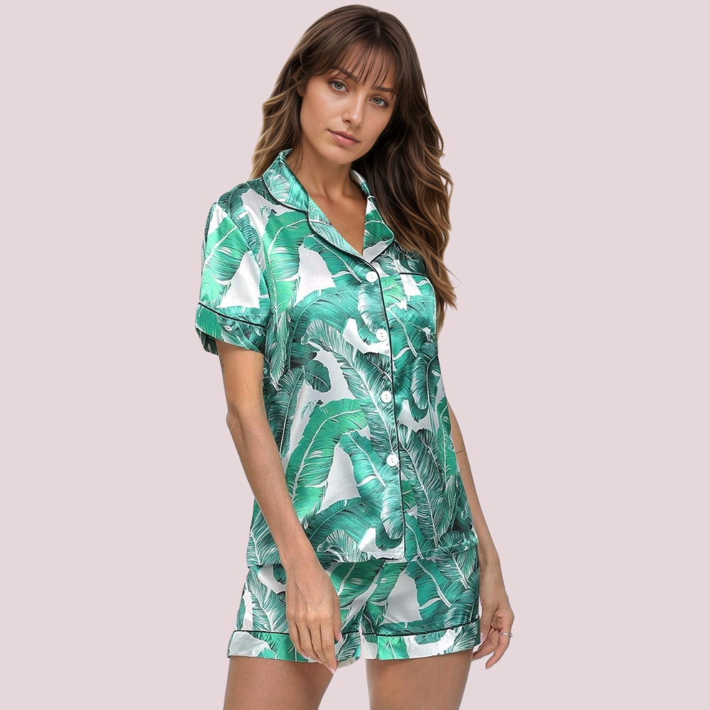 Women Satin Pajama Set With Short Sleeve Top And Shorts