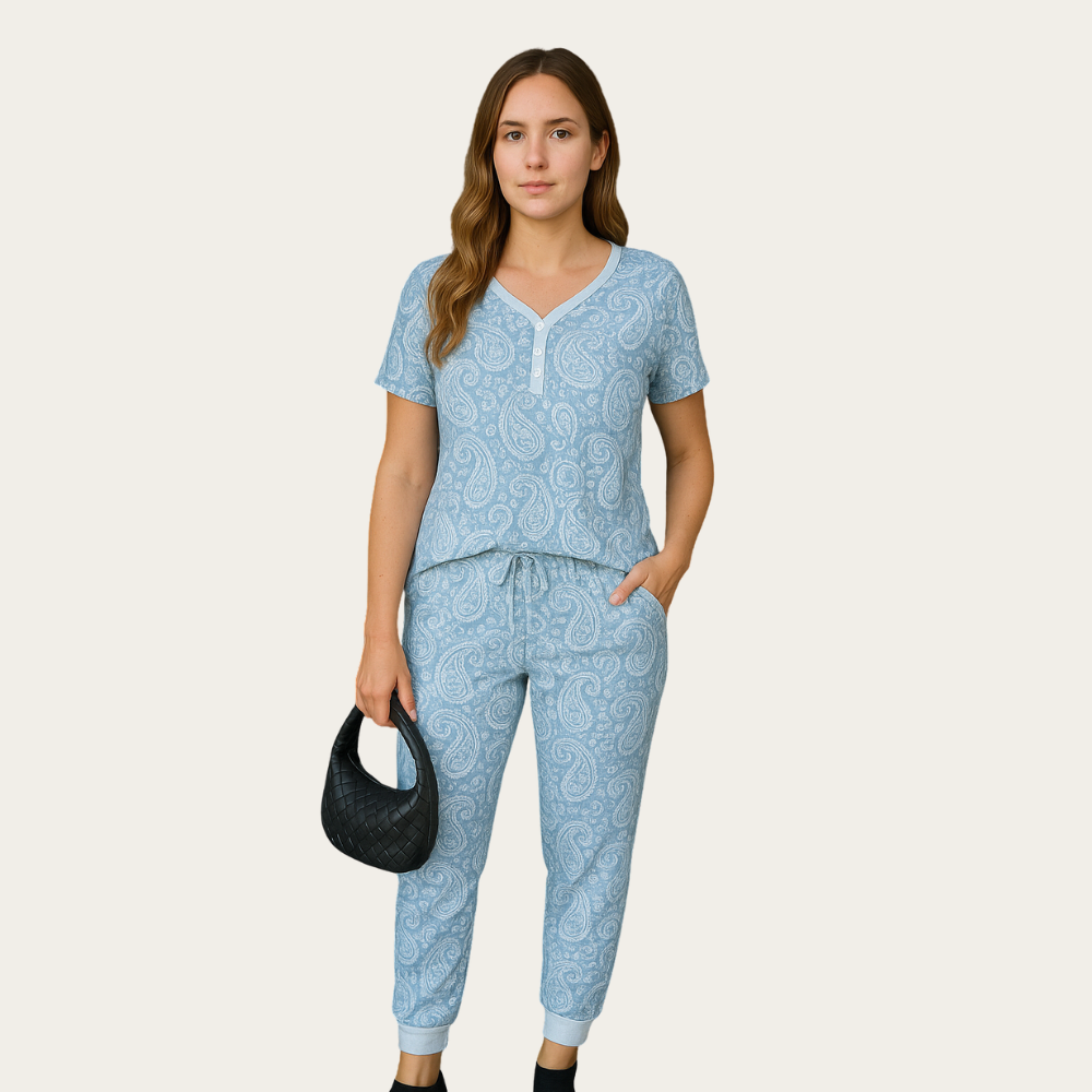 Women 2 Piece Pajama Set With Short Sleeve Lounge Top And Jogger Pants